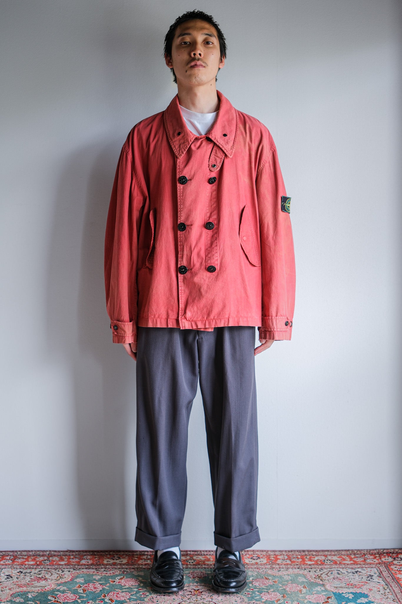 [94SS]舊石島服裝染色雙胸棉夾克尺寸。L“綠色邊緣”