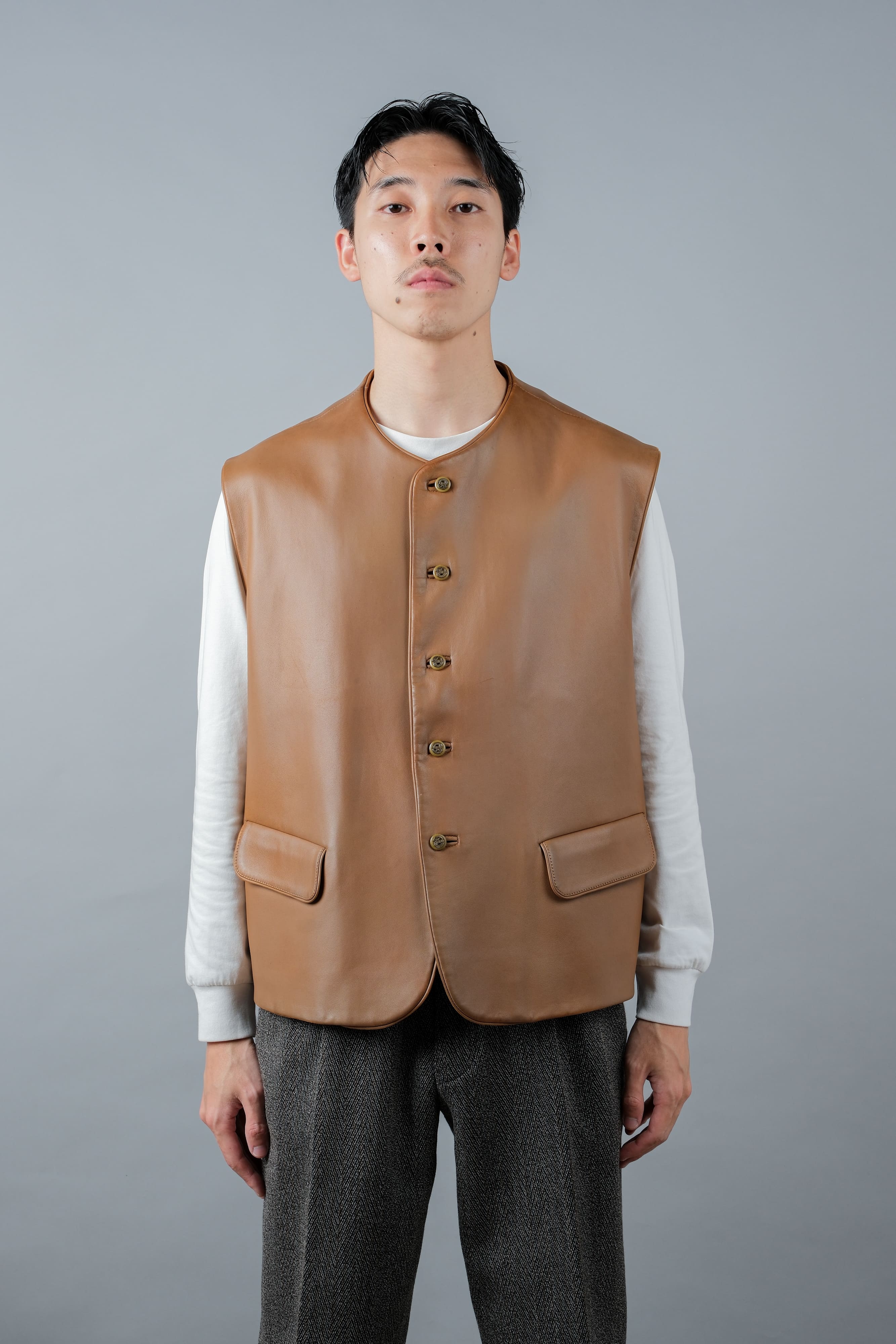 [~ 00's] Old Arnys Paris Lambskin Leather Gilet Size.54 "Bordé"