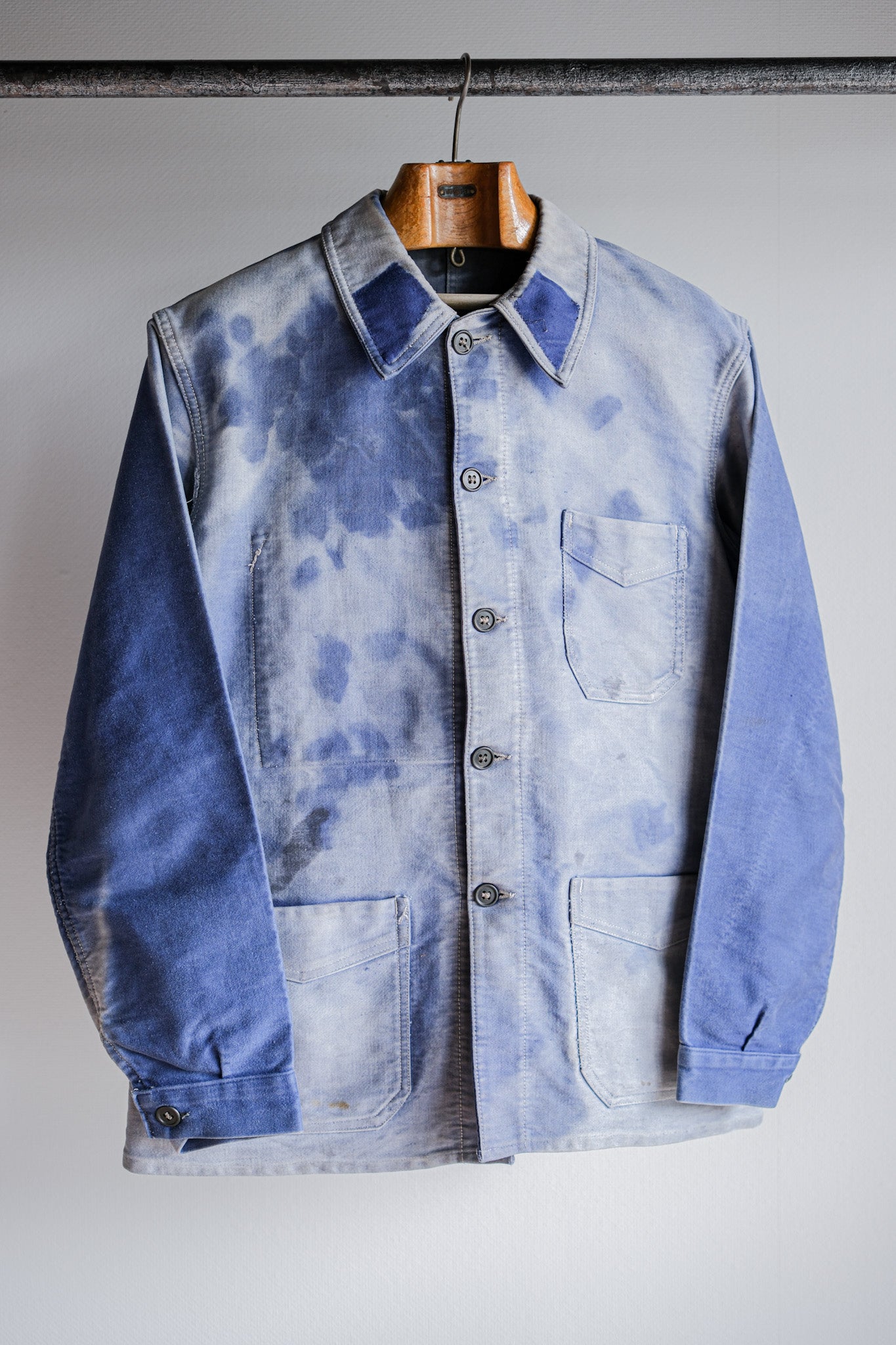 [~ 40's] French Vintage Blue Moleskin Work Jacket "Crazy Fade"