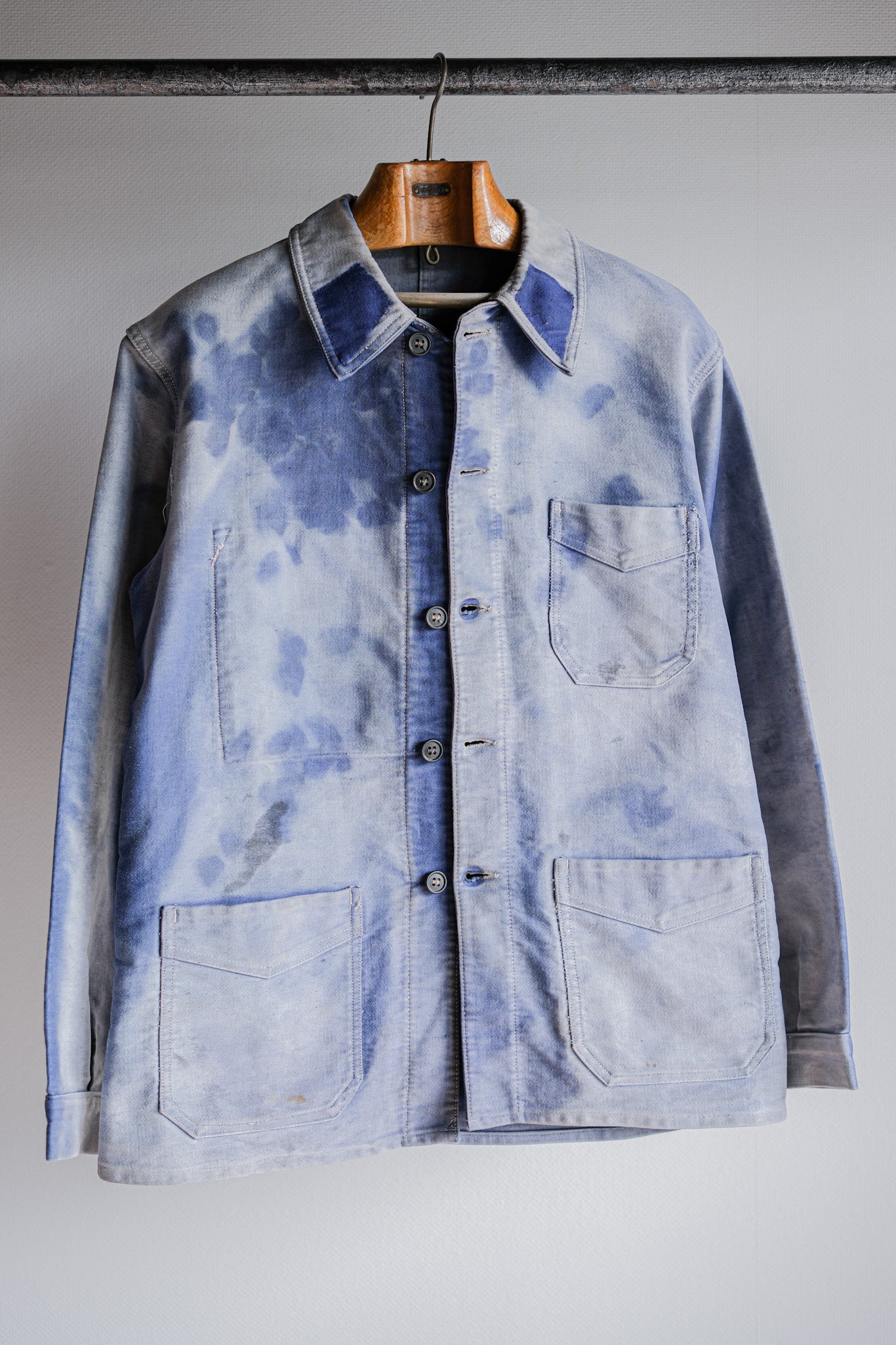 [~ 40's] French Vintage Blue Moleskin Work Jacket "Crazy Fade"