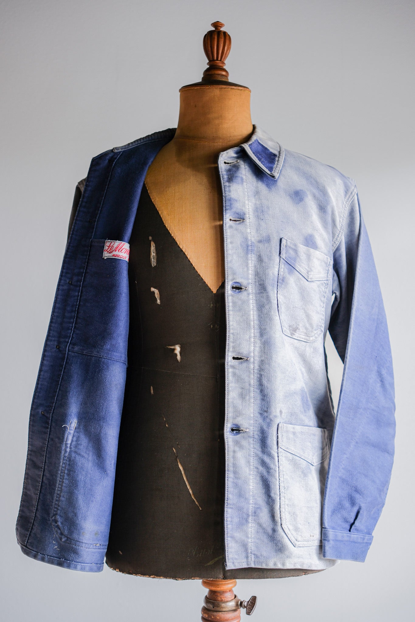 [~ 40's] French Vintage Blue Moleskin Work Jacket "Crazy Fade"