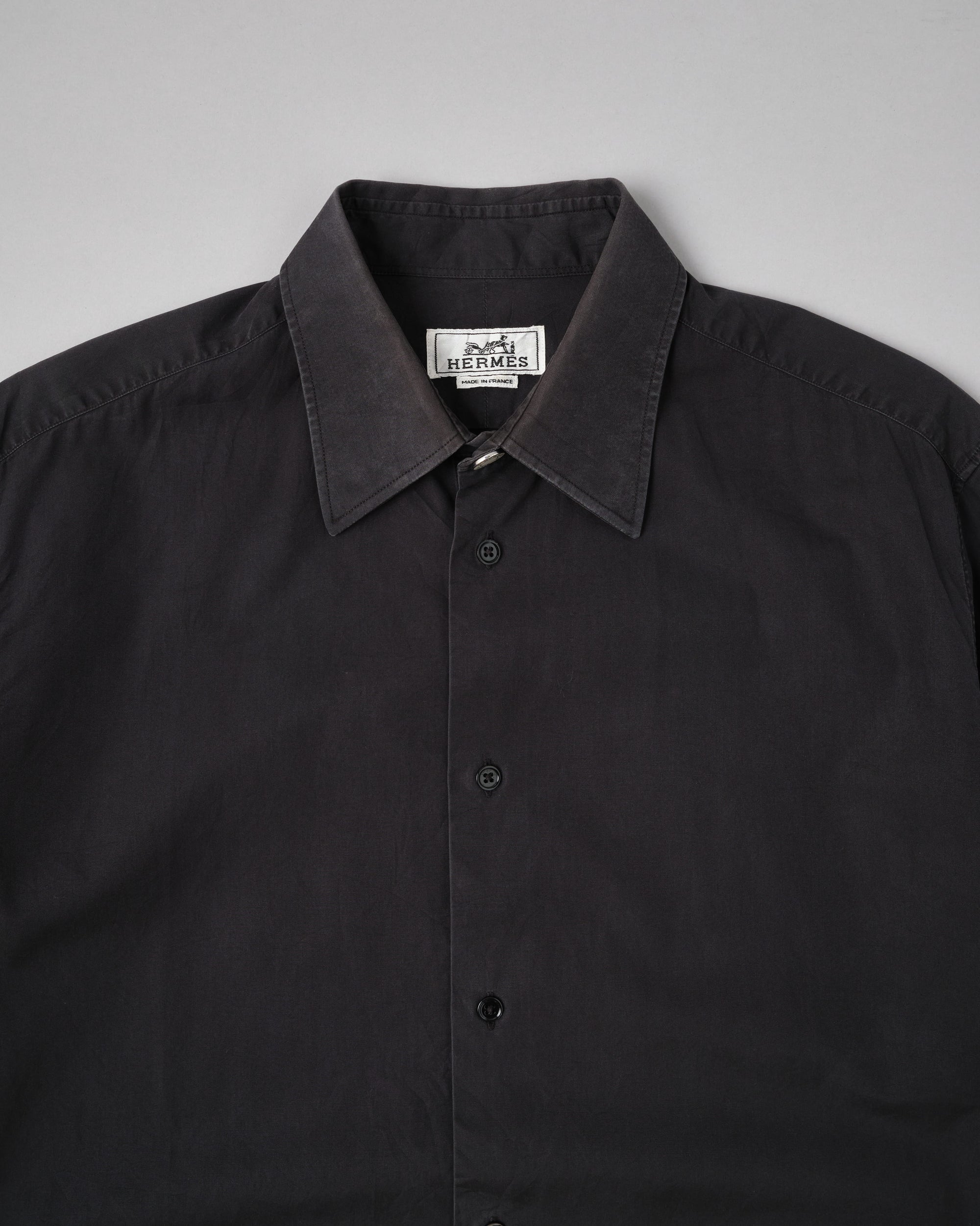 ［~00's］Old Hermès Paris Black Cotton Poplin L/S Shirt With Sellier Button Size.40
