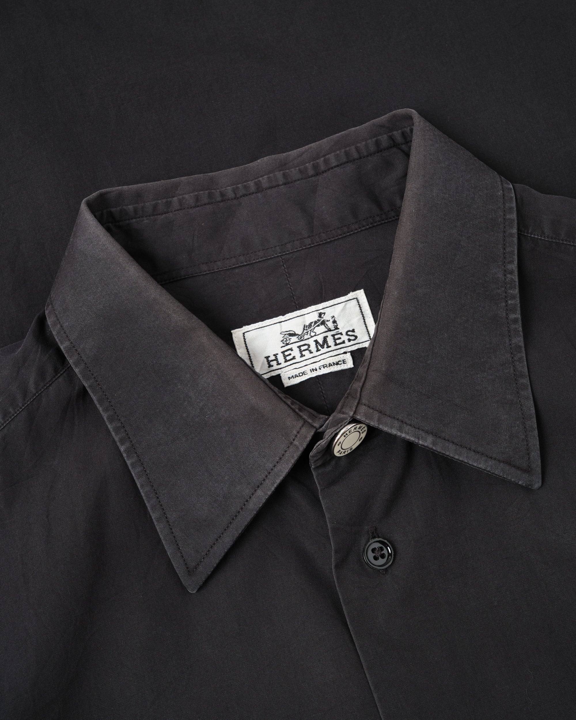 ［~00's］Old Hermès Paris Black Cotton Poplin L/S Shirt With Sellier Button Size.40
