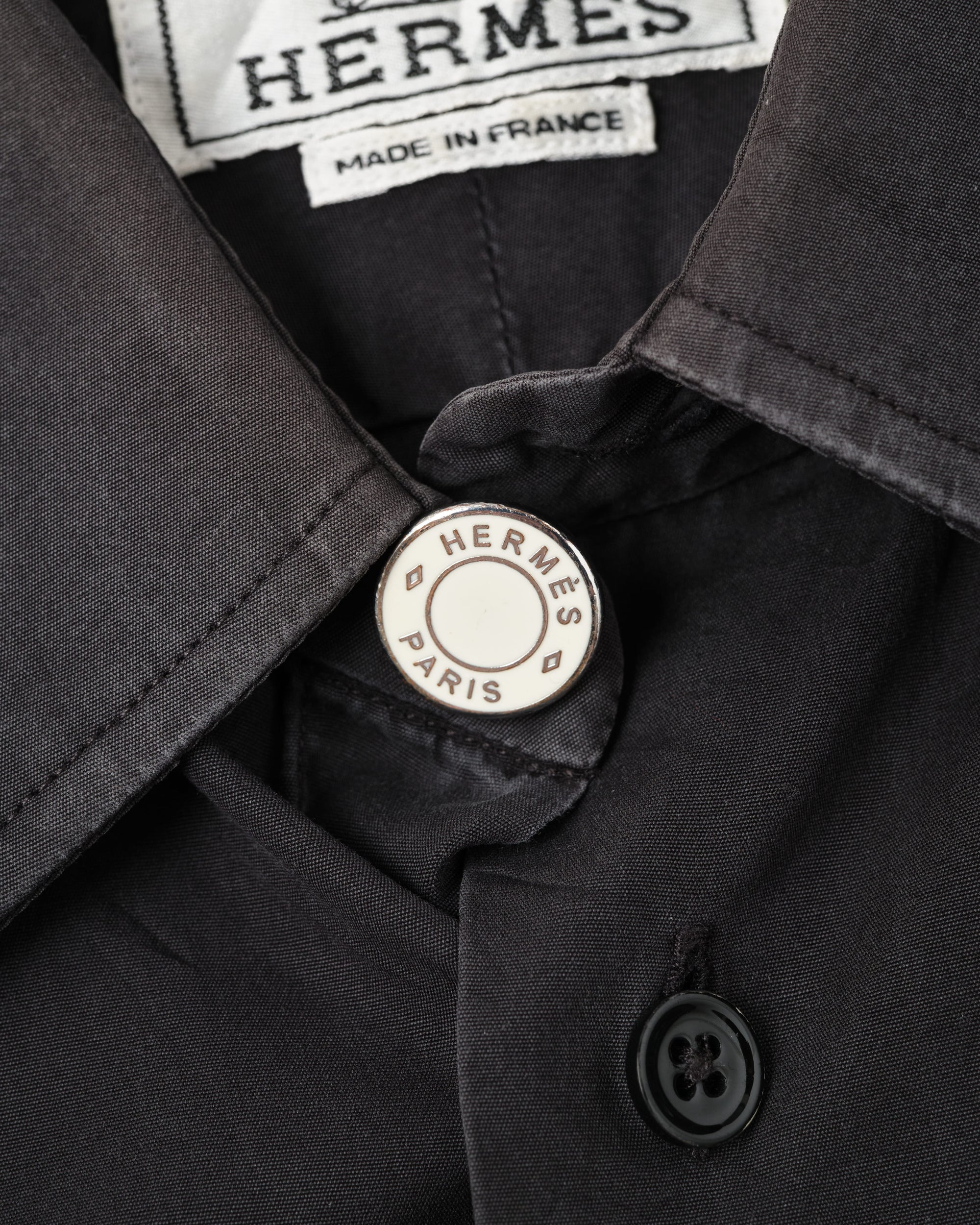 ［~00's］Old Hermès Paris Black Cotton Poplin L/S Shirt With Sellier Button Size.40