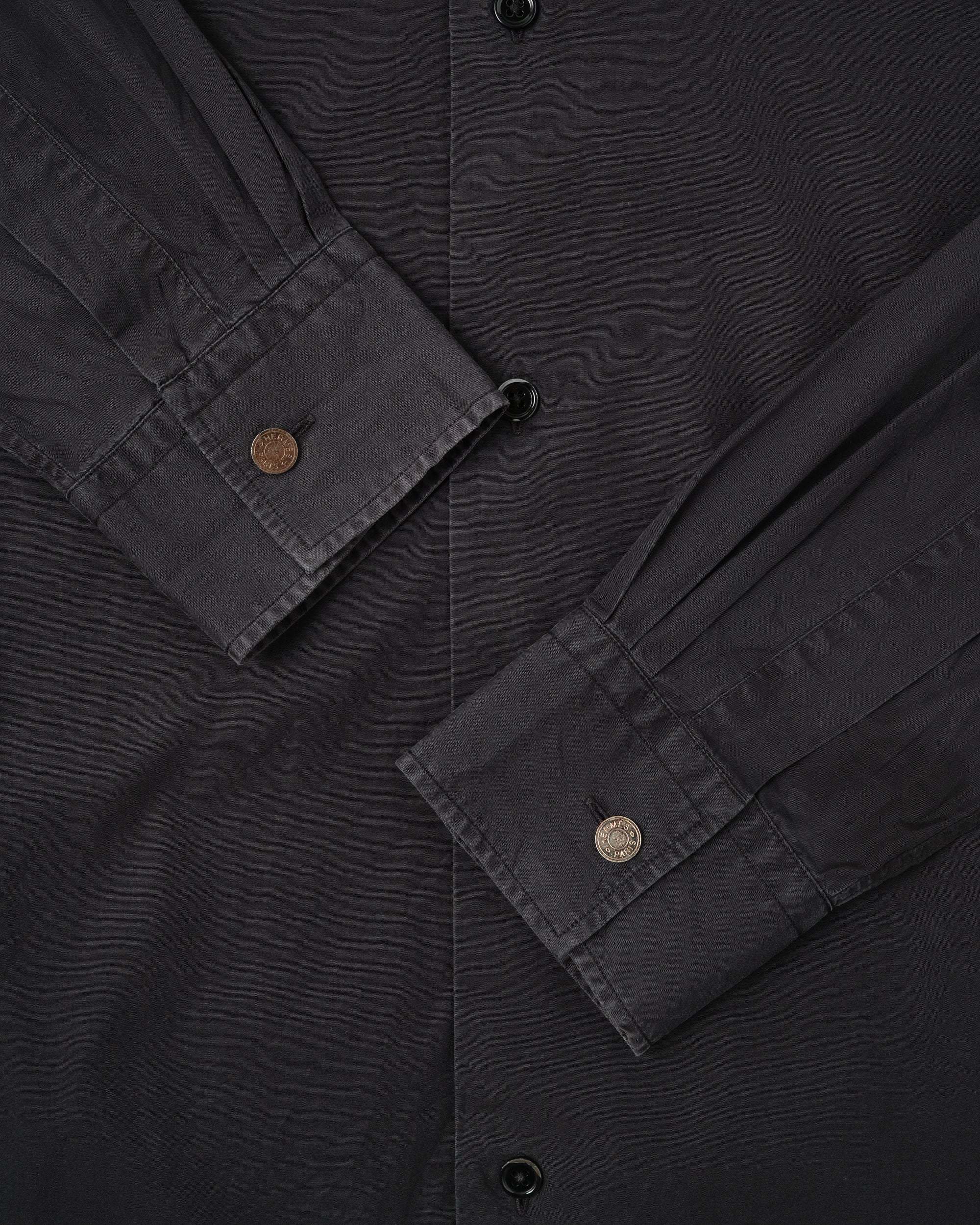 ［~00's］Old Hermès Paris Black Cotton Poplin L/S Shirt With Sellier Button Size.40