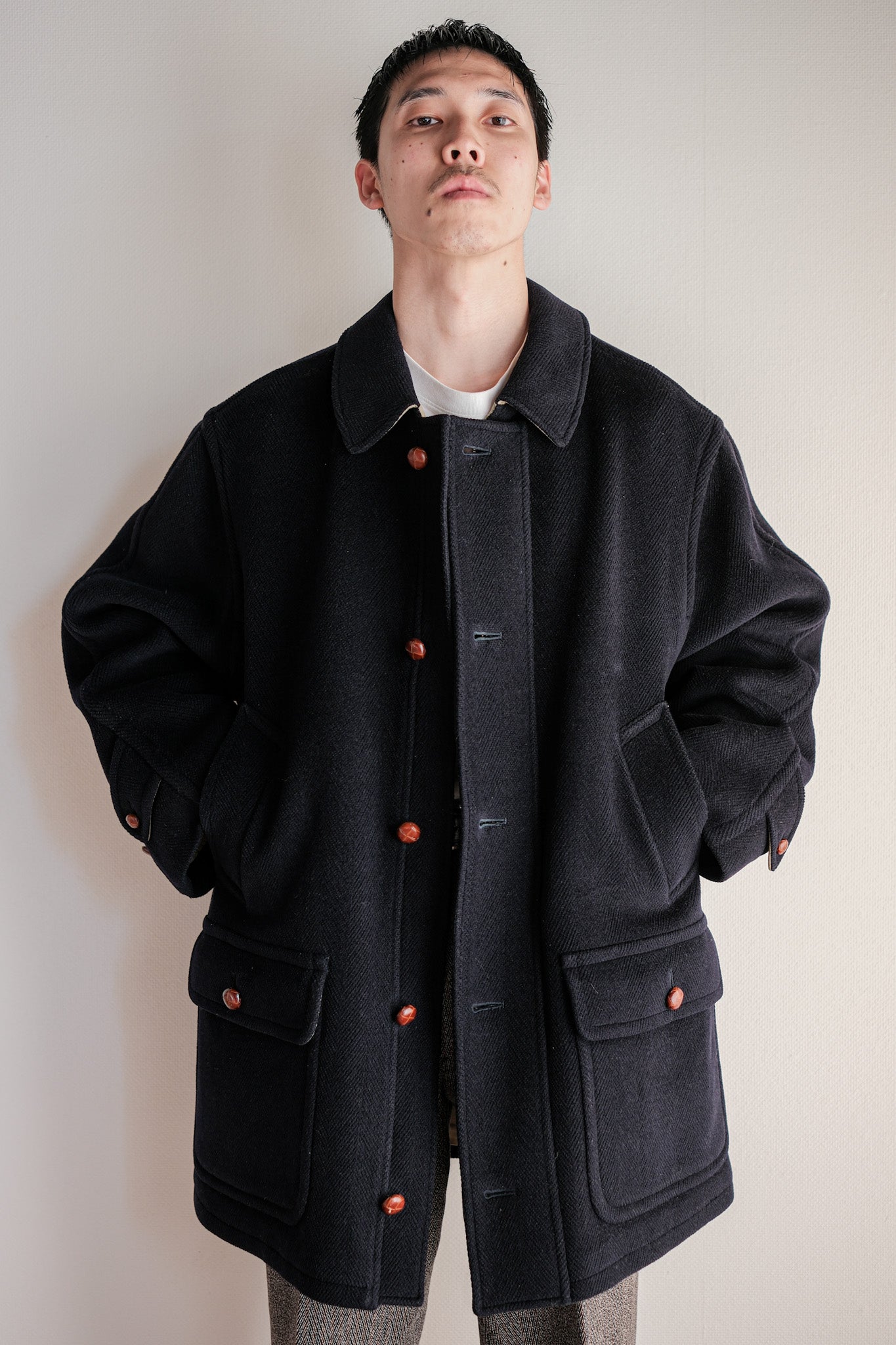 ［~90's］Old INVERTERE HBT Wool Jacket With Chin Strap Size.40 "Moorbrook"