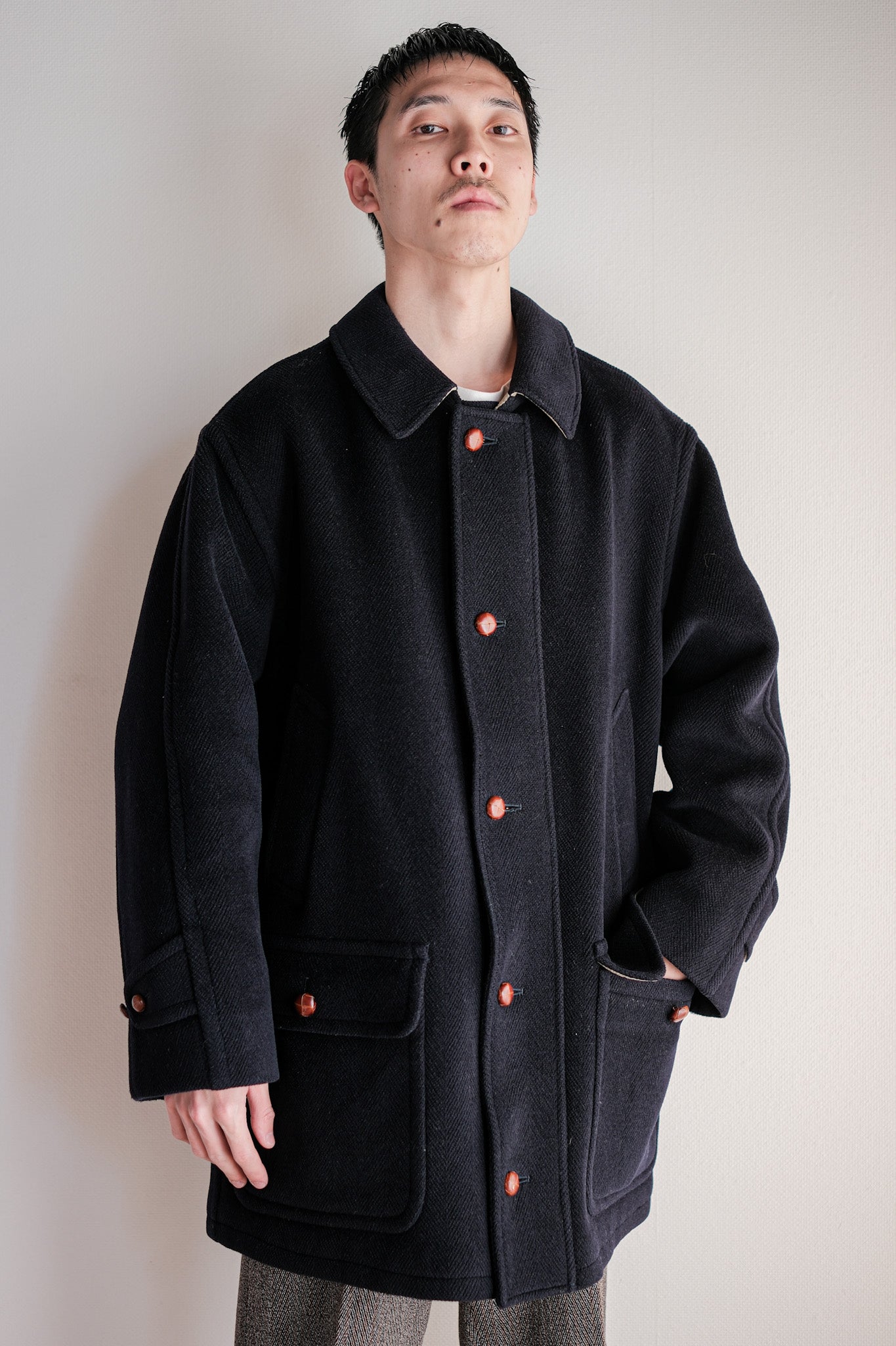 ［~90's］Old INVERTERE HBT Wool Jacket With Chin Strap Size.40 "Moorbrook"