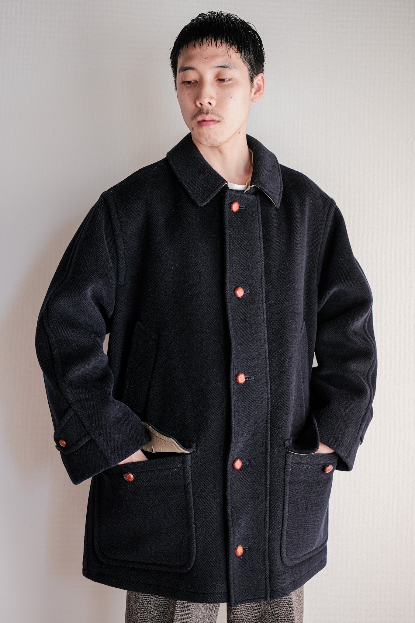 ［~90's］Old INVERTERE HBT Wool Jacket With Chin Strap Size.40 "Moorbrook"