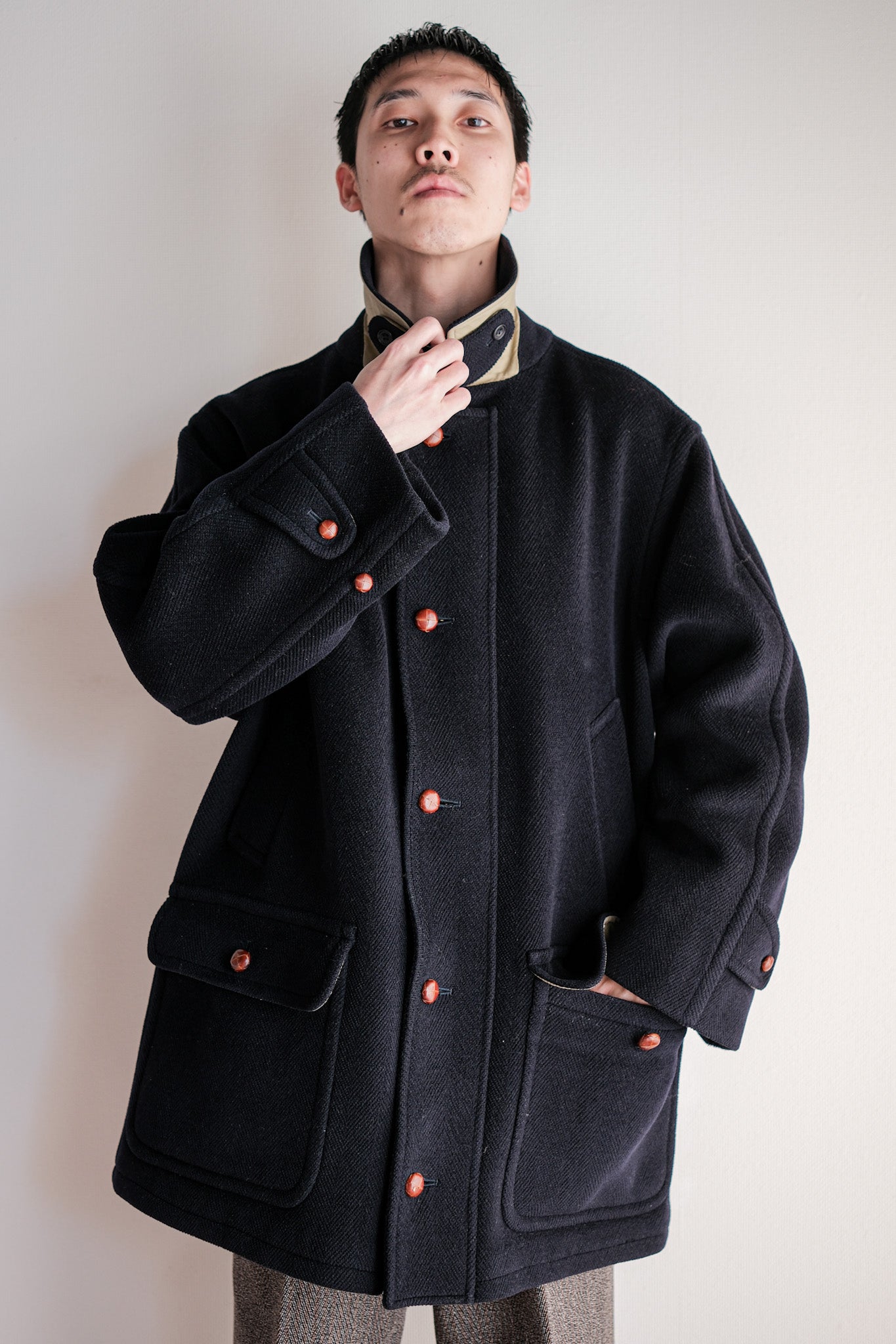 ［~90's］Old INVERTERE HBT Wool Jacket With Chin Strap Size.40 "Moorbrook"
