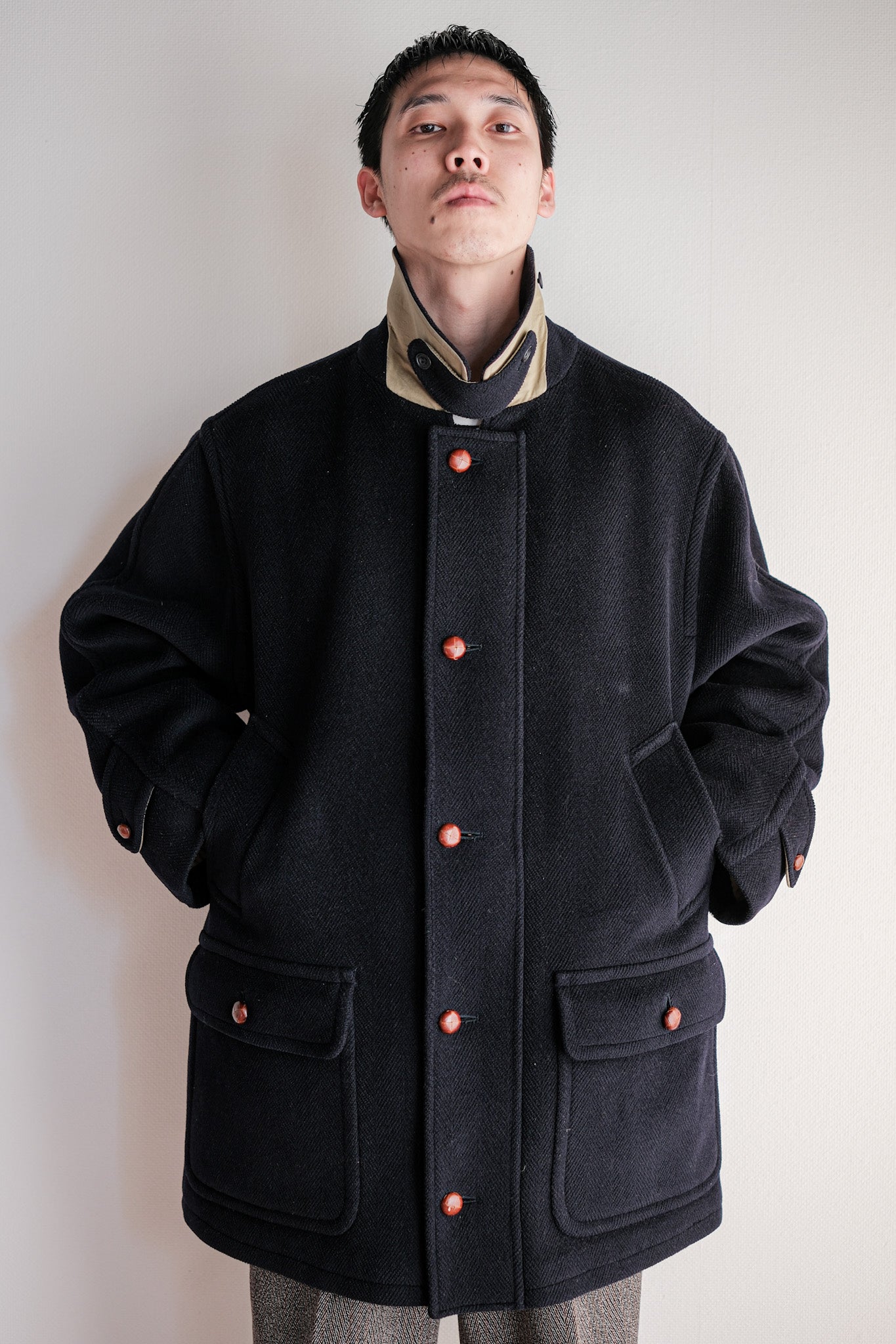 ［~90's］Old INVERTERE HBT Wool Jacket With Chin Strap Size.40 "Moorbrook"