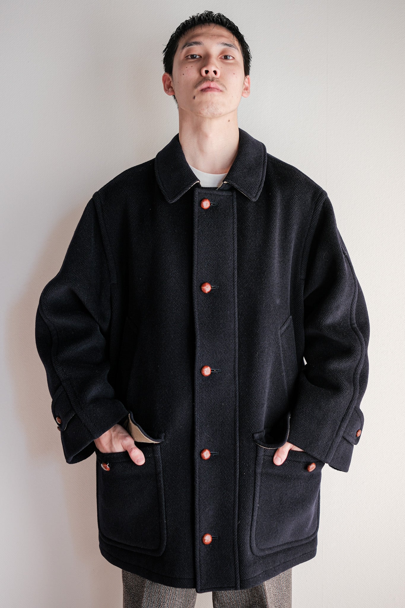 ［~90's］Old INVERTERE HBT Wool Jacket With Chin Strap Size.40 "Moorbrook"