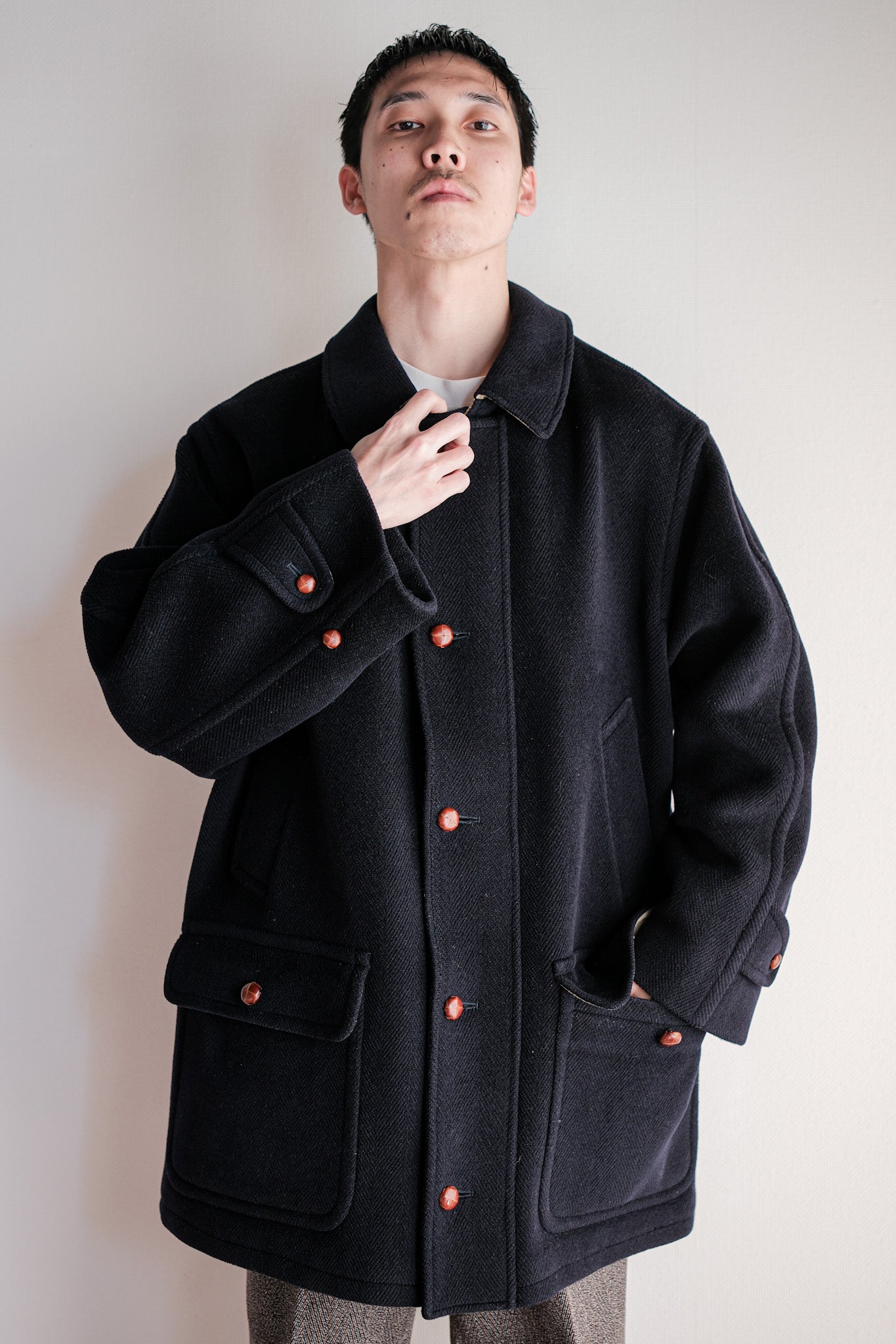 ［~90's］Old INVERTERE HBT Wool Jacket With Chin Strap Size.40 "Moorbrook"