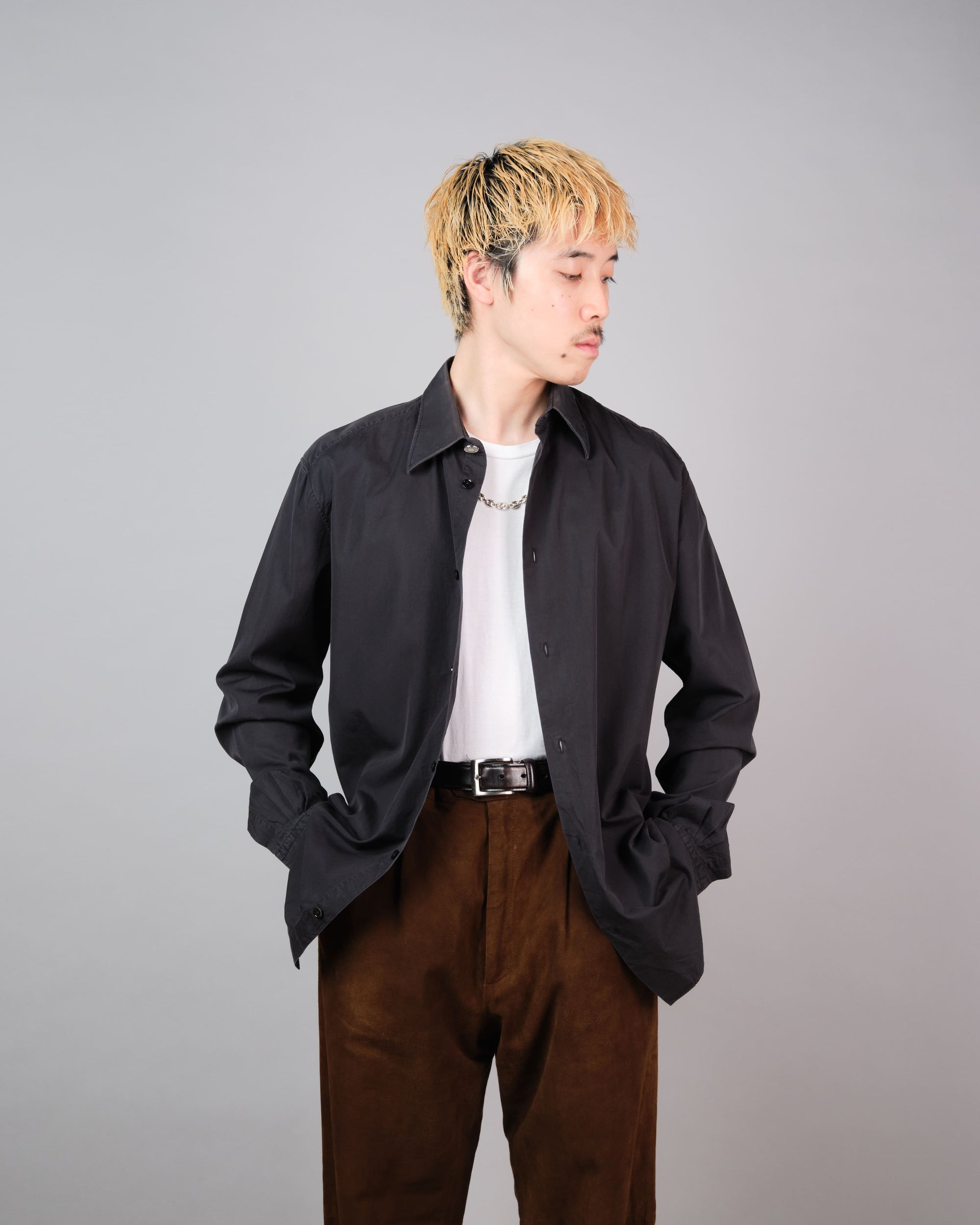 ［~00's］Old Hermès Paris Black Cotton Poplin L/S Shirt With Sellier Button Size.40