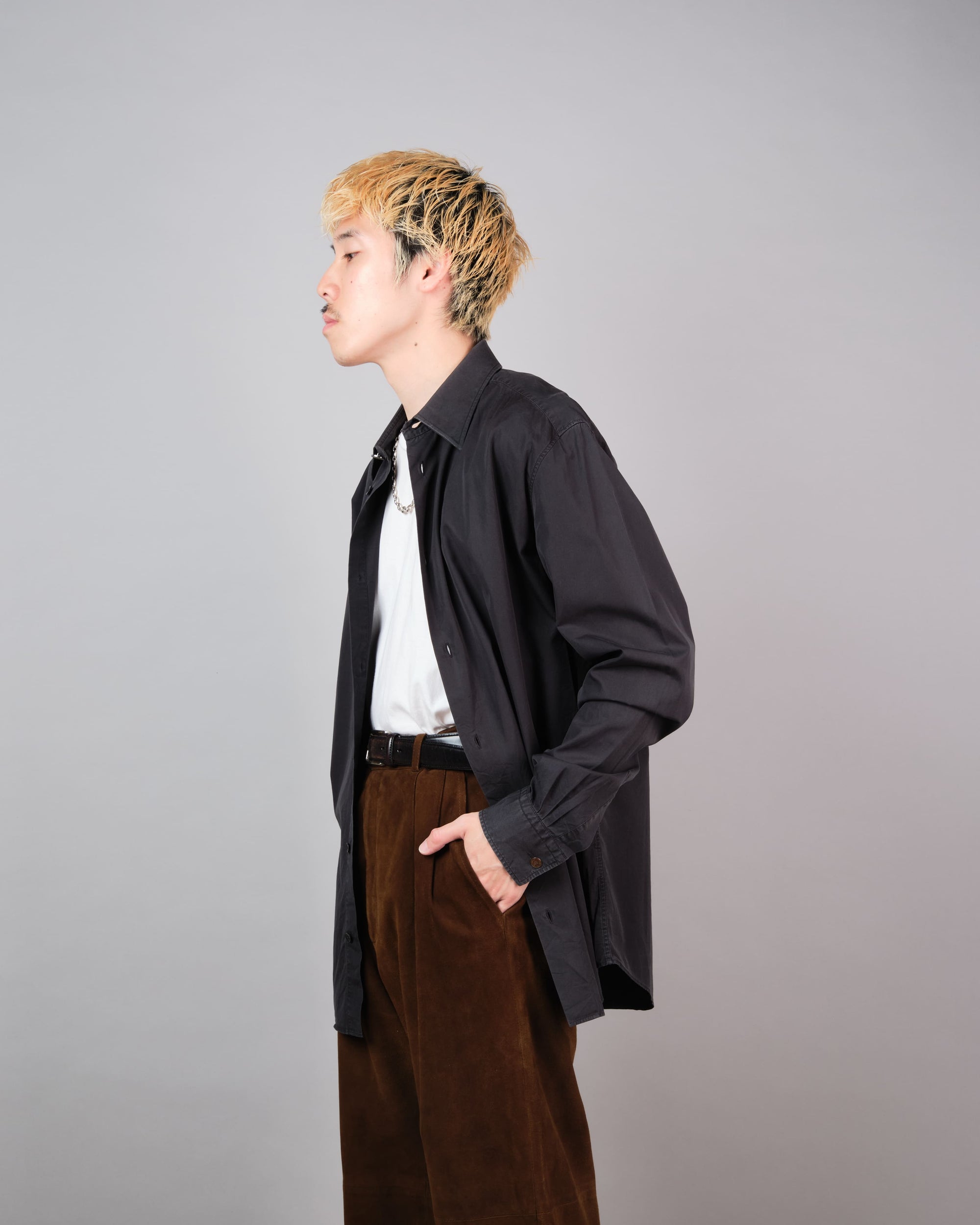 ［~00's］Old Hermès Paris Black Cotton Poplin L/S Shirt With Sellier Button Size.40