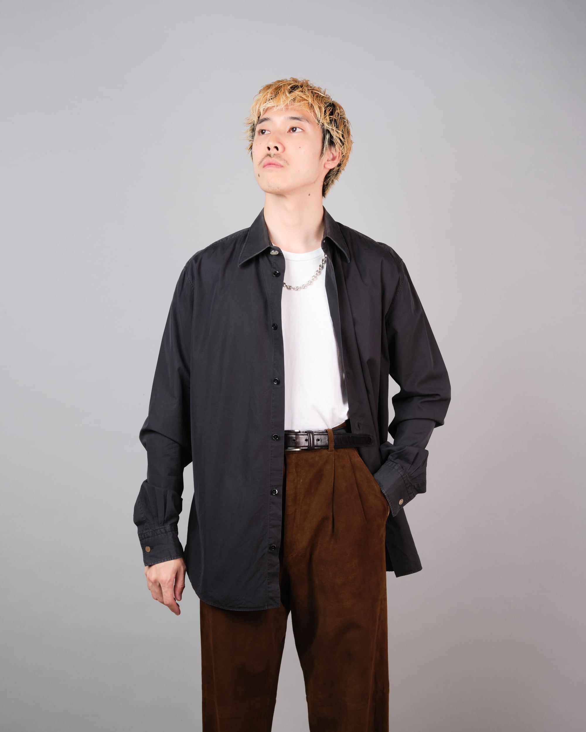 ［~00's］Old Hermès Paris Black Cotton Poplin L/S Shirt With Sellier Button Size.40