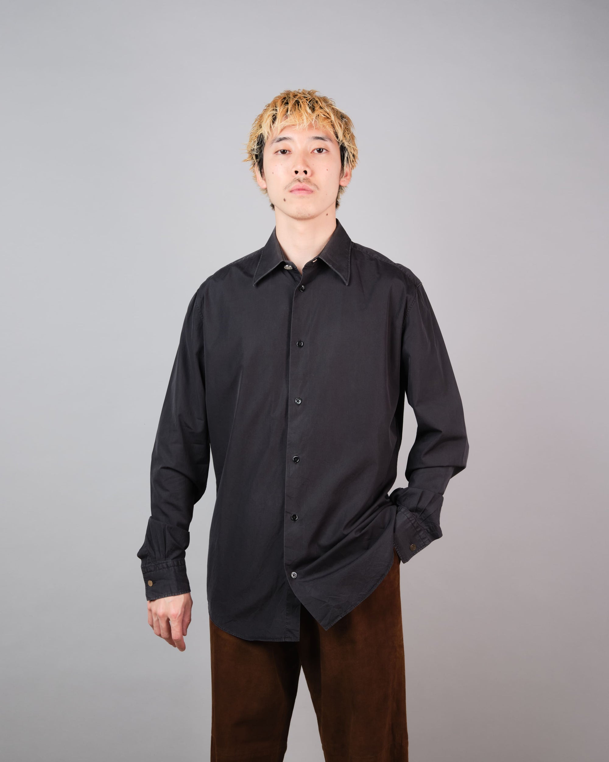 ［~00's］Old Hermès Paris Black Cotton Poplin L/S Shirt With Sellier Button Size.40