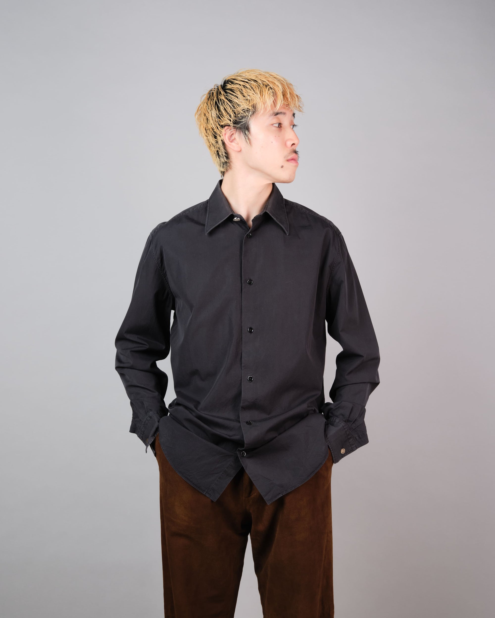 ［~00's］Old Hermès Paris Black Cotton Poplin L/S Shirt With Sellier Button Size.40