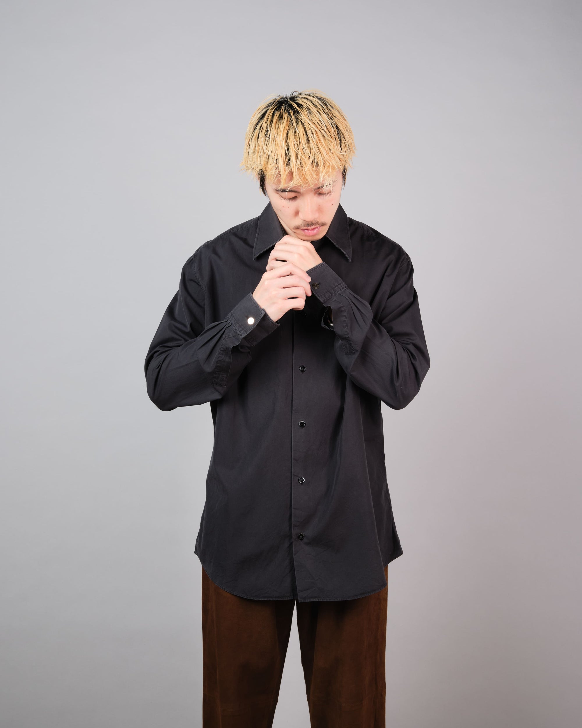 ［~00's］Old Hermès Paris Black Cotton Poplin L/S Shirt With Sellier Button Size.40