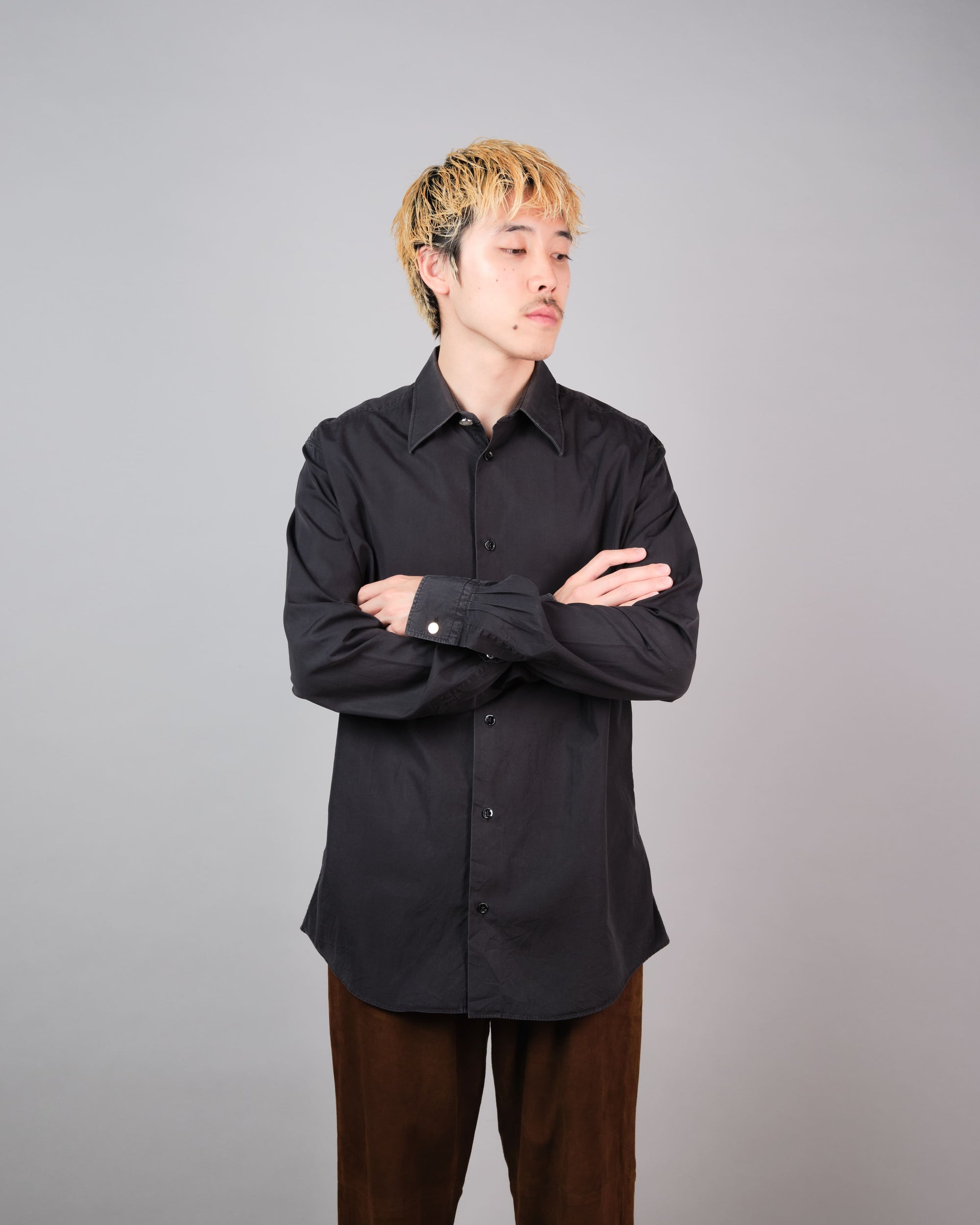 ［~00's］Old Hermès Paris Black Cotton Poplin L/S Shirt With Sellier Button Size.40