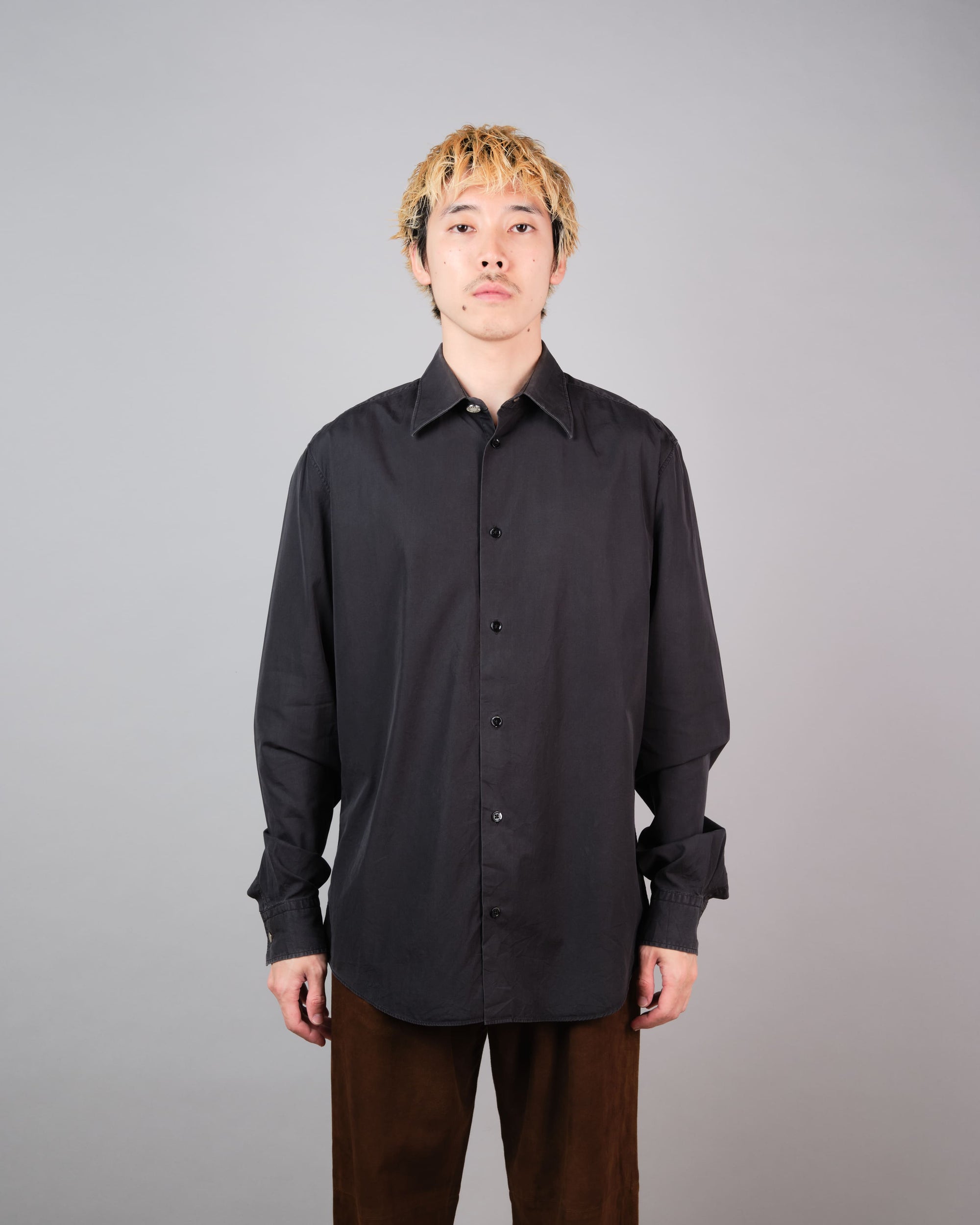 ［~00's］Old Hermès Paris Black Cotton Poplin L/S Shirt With Sellier Button Size.40
