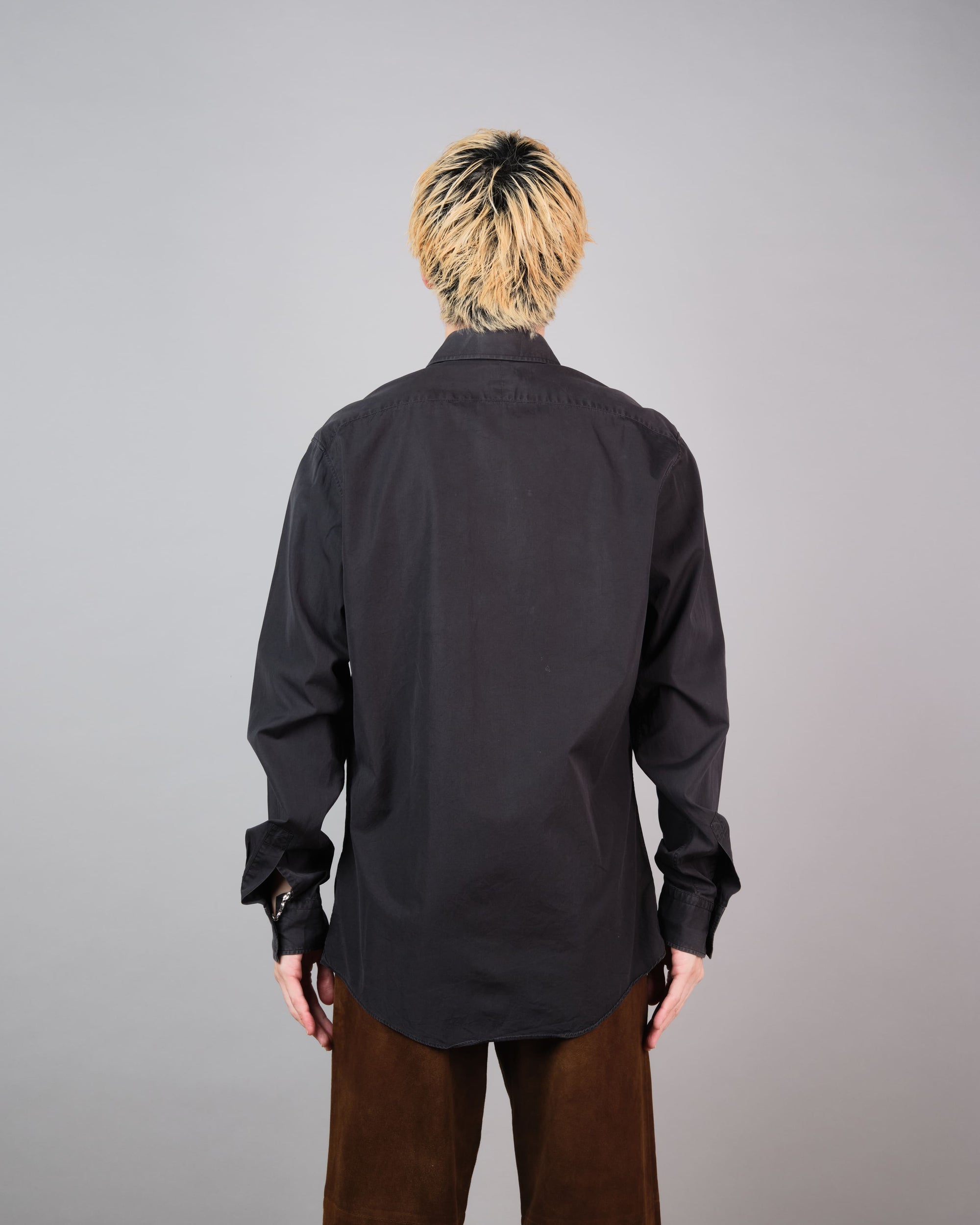 ［~00's］Old Hermès Paris Black Cotton Poplin L/S Shirt With Sellier Button Size.40