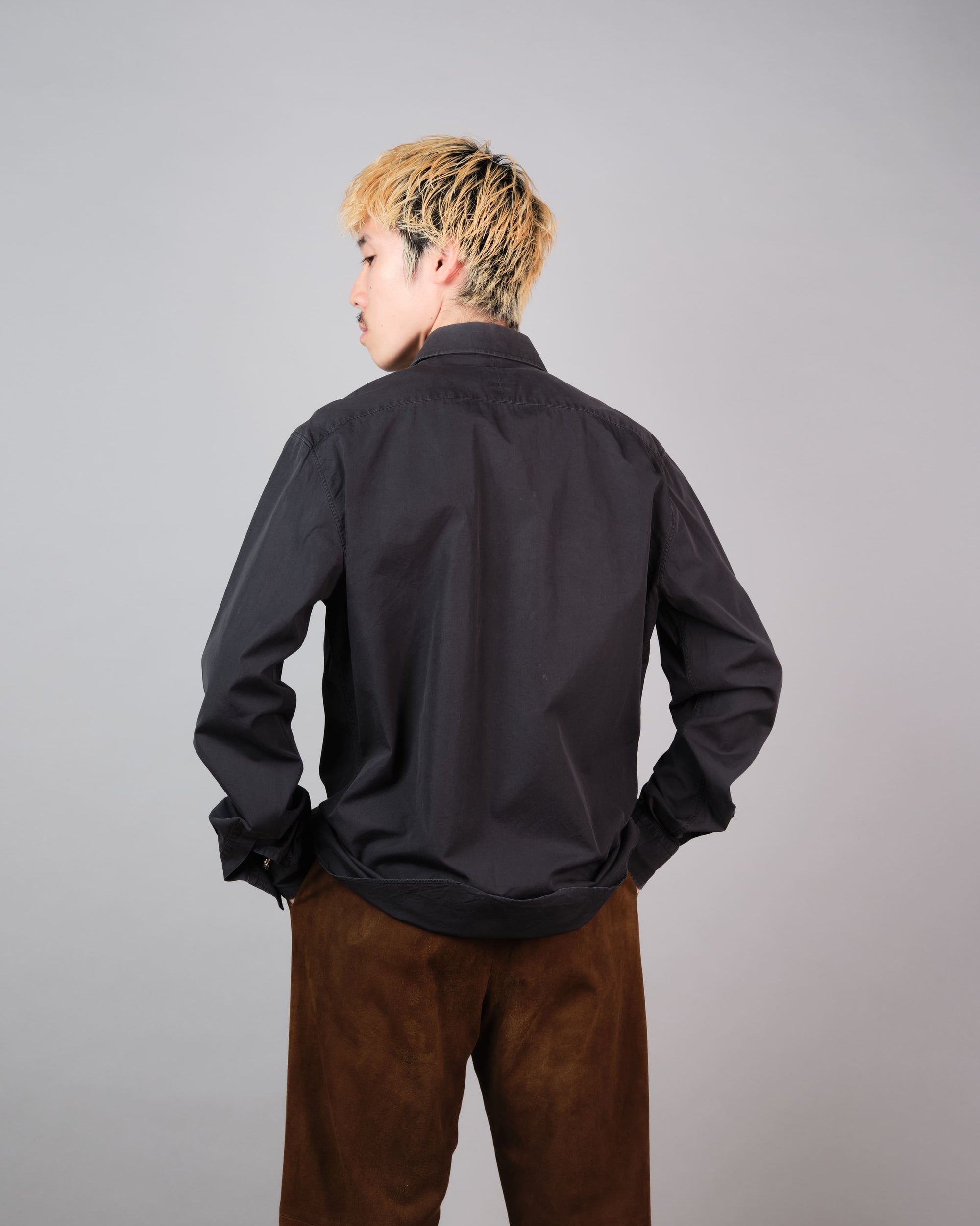 ［~00's］Old Hermès Paris Black Cotton Poplin L/S Shirt With Sellier Button Size.40