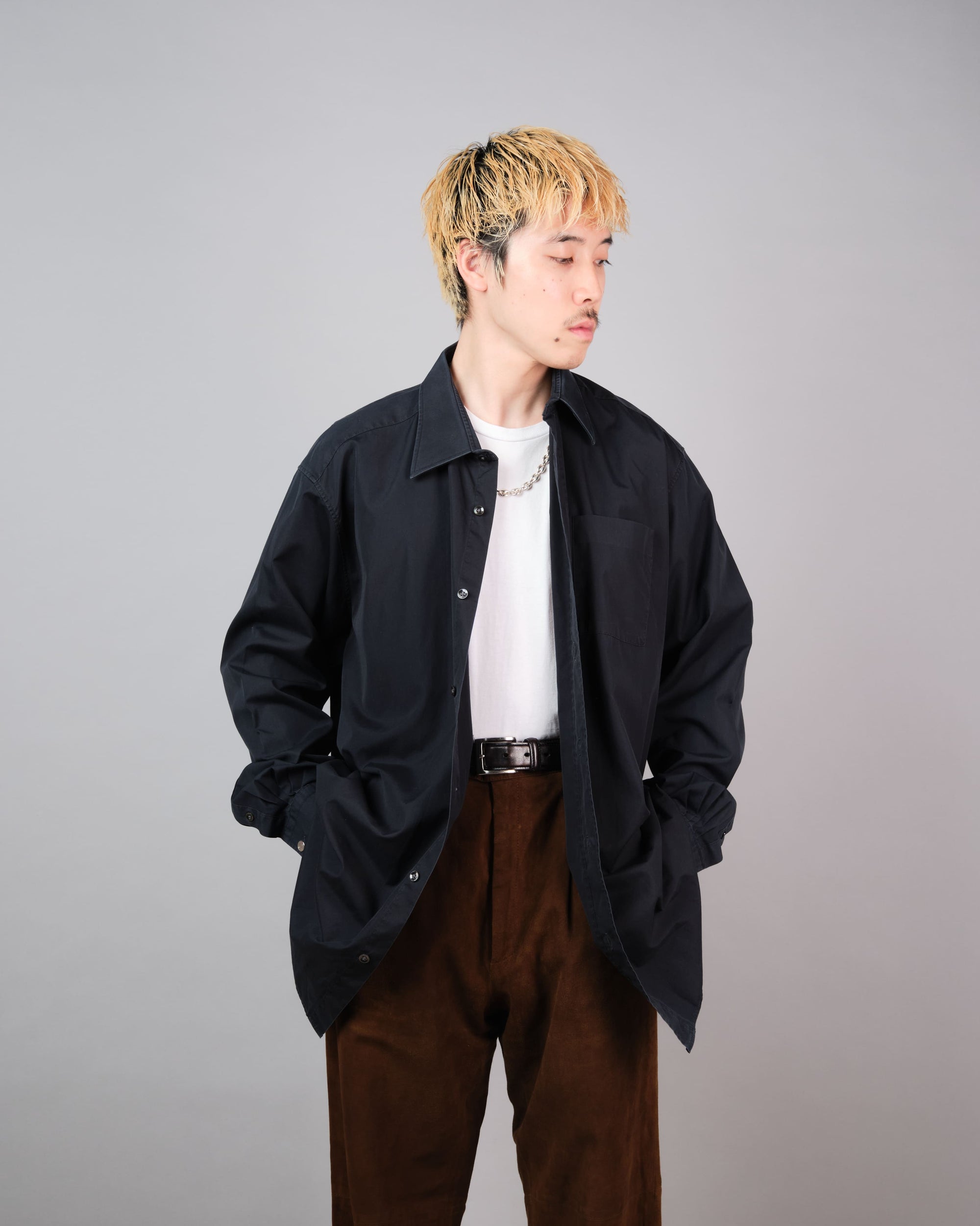 ［~00's］Old Hermès Paris Dark Navy Cotton Poplin L/S Shirt With Sellier Button Size.44