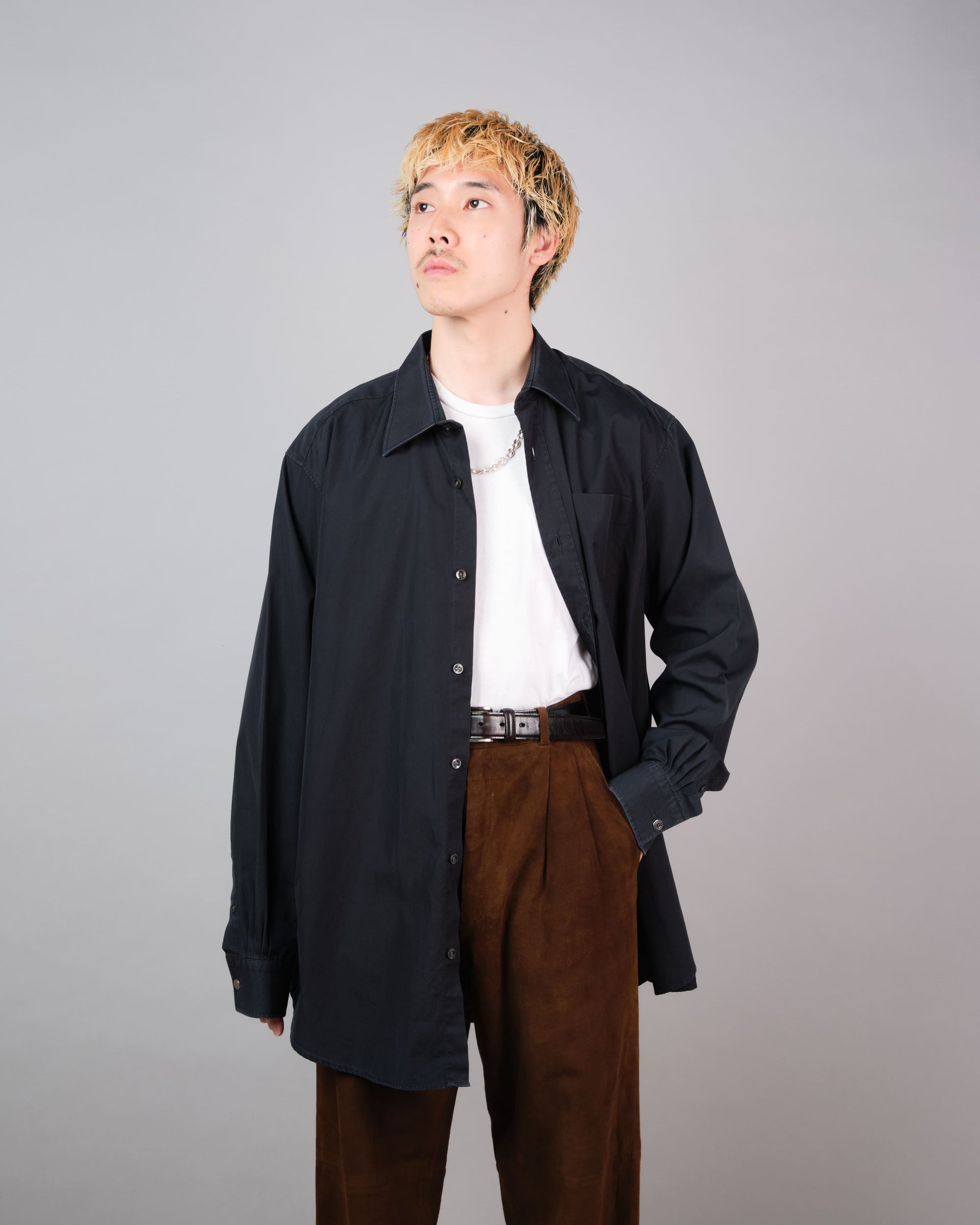 ［~00's］Old Hermès Paris Dark Navy Cotton Poplin L/S Shirt With Sellier Button Size.44