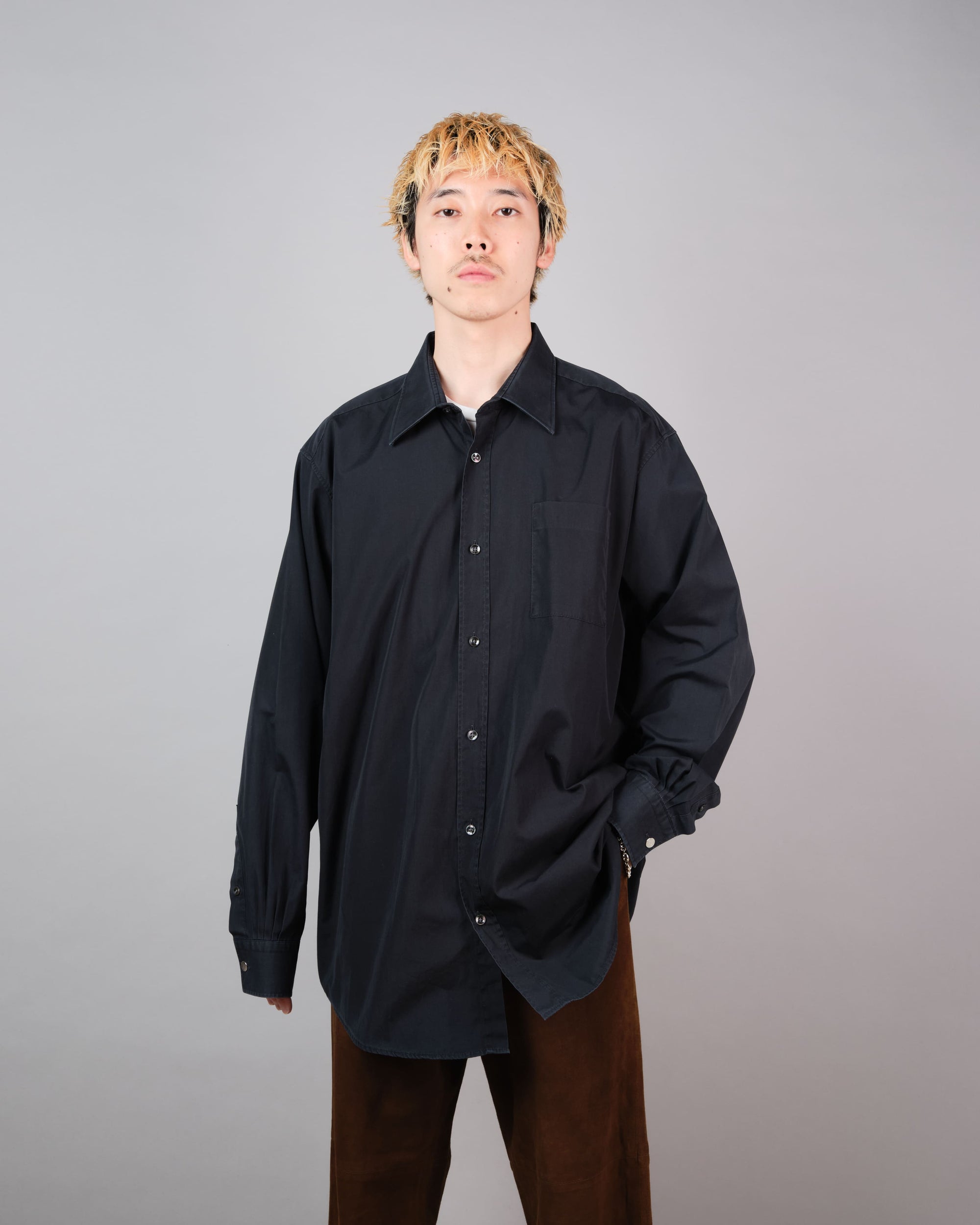 ［~00's］Old Hermès Paris Dark Navy Cotton Poplin L/S Shirt With Sellier Button Size.44