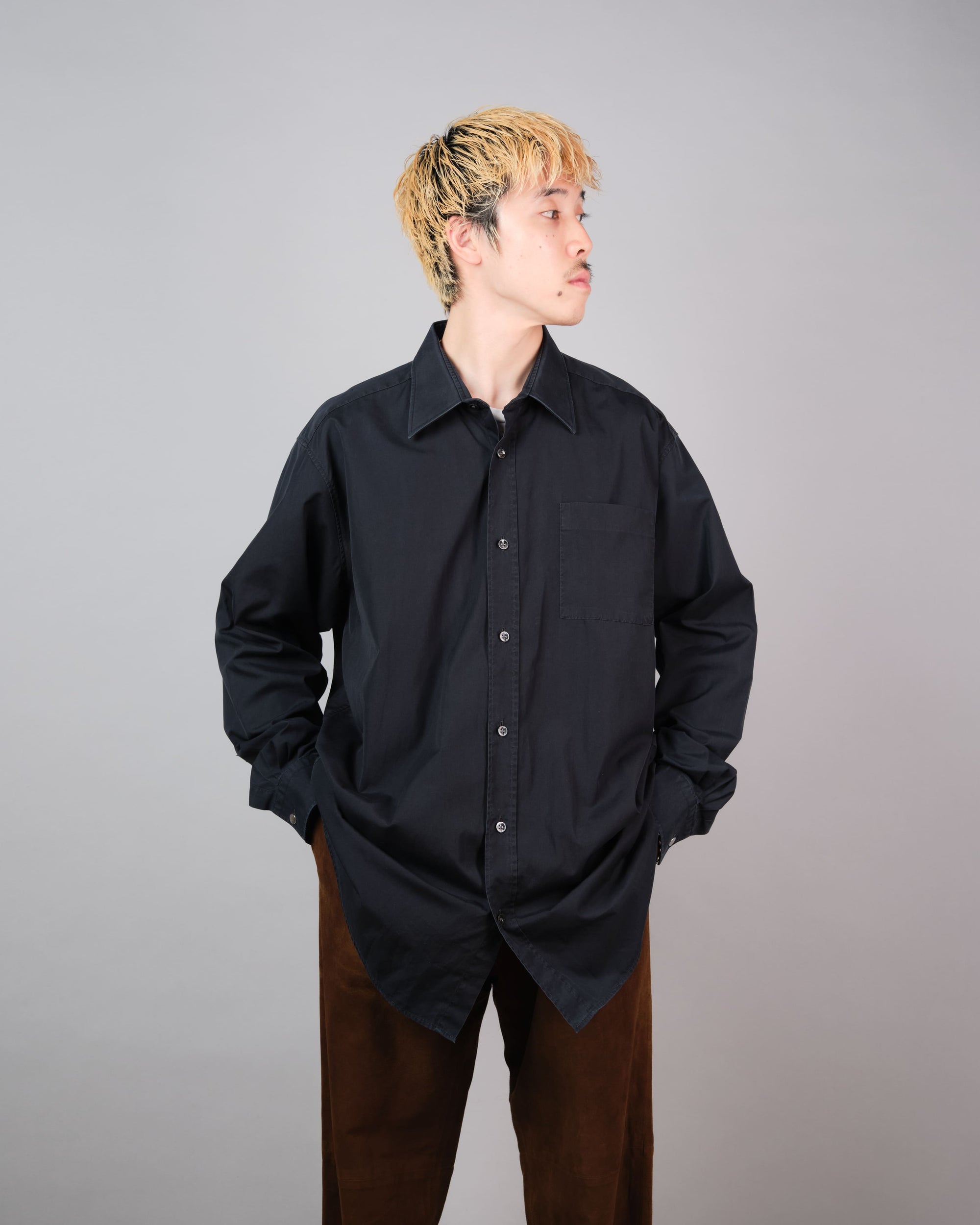 ［~00's］Old Hermès Paris Dark Navy Cotton Poplin L/S Shirt With Sellier Button Size.44