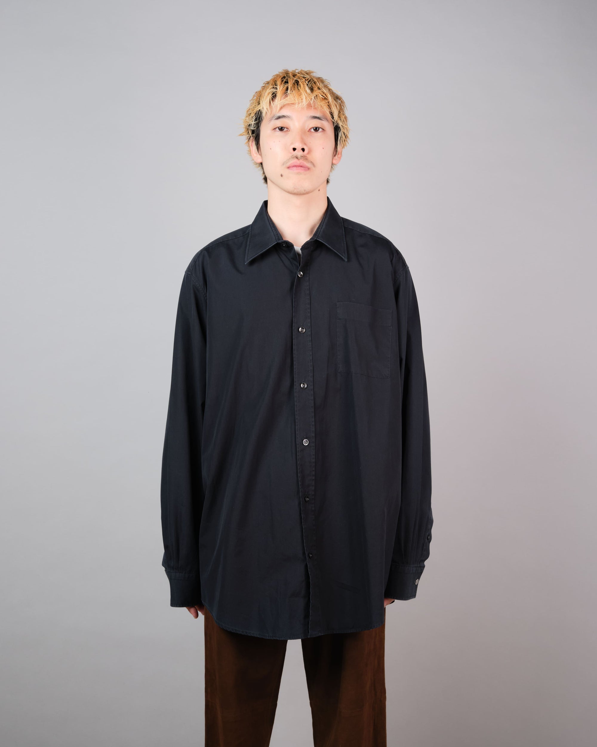 ［~00's］Old Hermès Paris Dark Navy Cotton Poplin L/S Shirt With Sellier Button Size.44