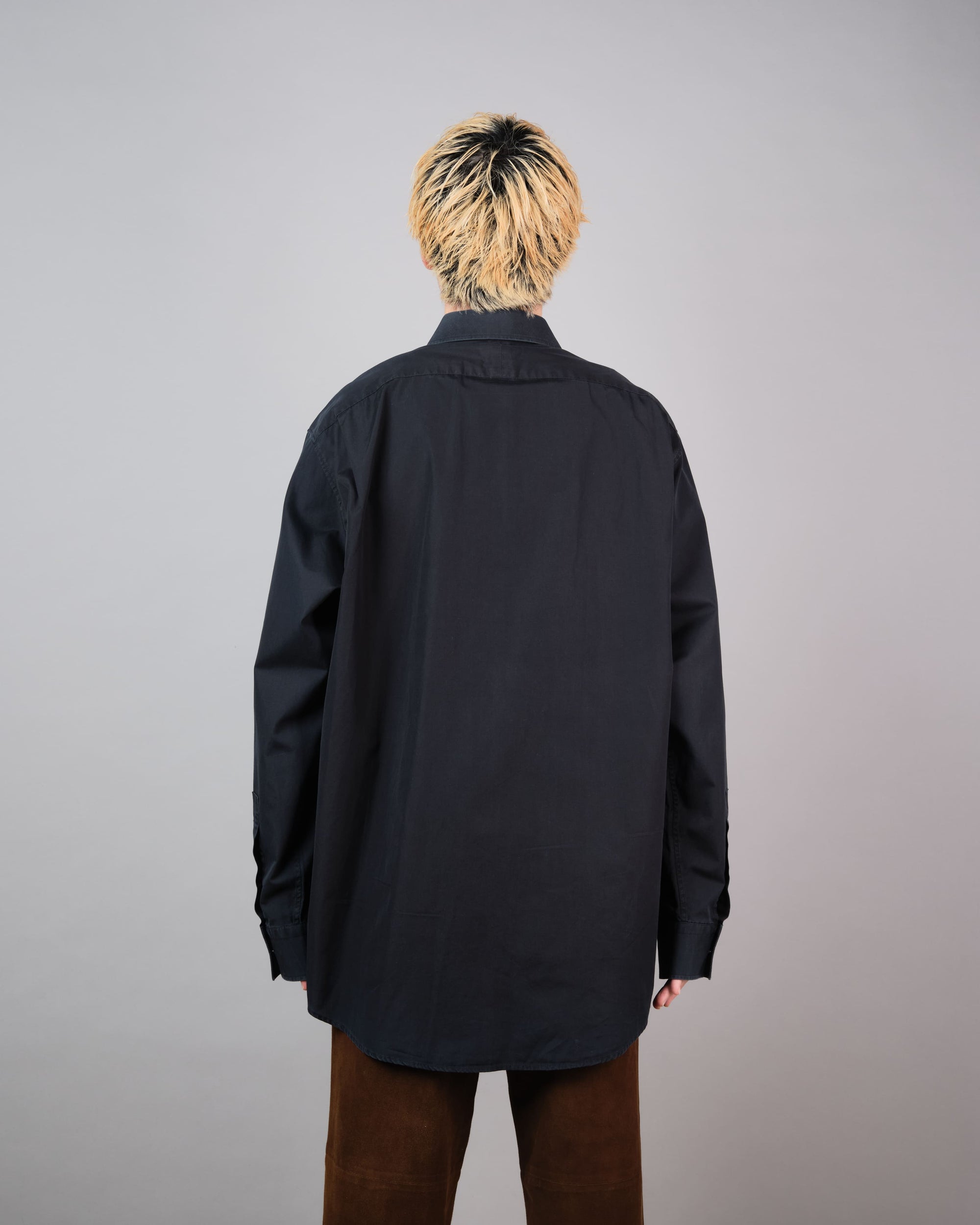 ［~00's］Old Hermès Paris Dark Navy Cotton Poplin L/S Shirt With Sellier Button Size.44