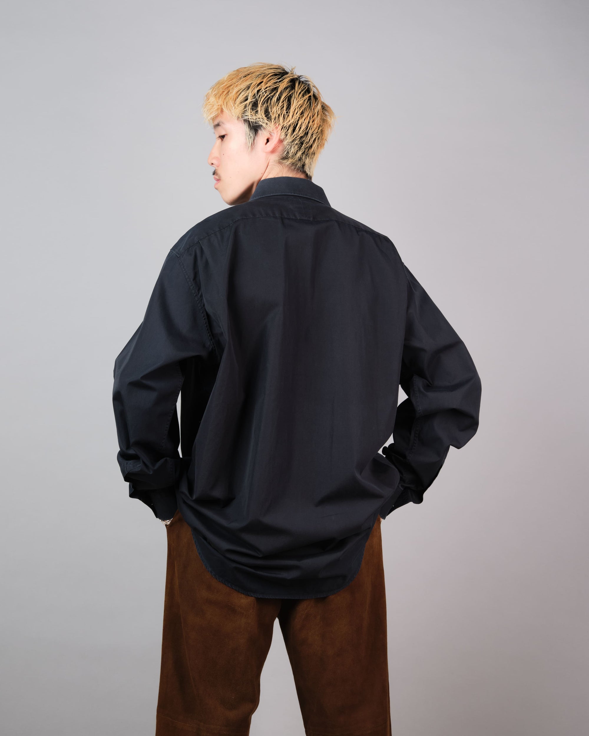 ［~00's］Old Hermès Paris Dark Navy Cotton Poplin L/S Shirt With Sellier Button Size.44