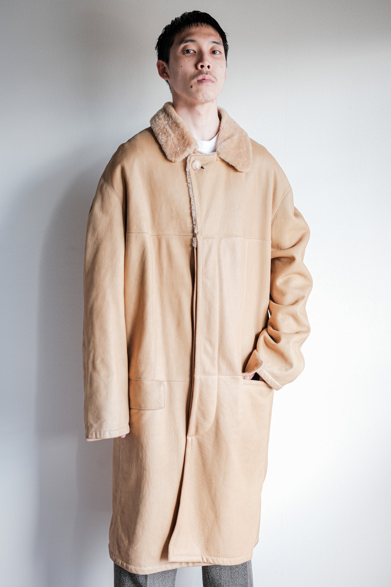 ［~90's］Old SERAPHIN Raglan Sleeve Mouton Leather Coat Size.52