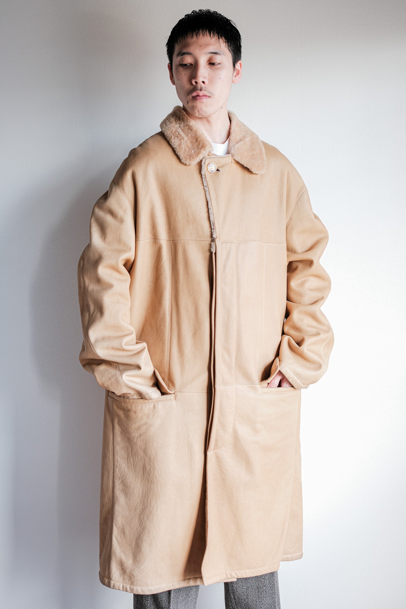 ［~90's］Old SERAPHIN Raglan Sleeve Mouton Leather Coat Size.52