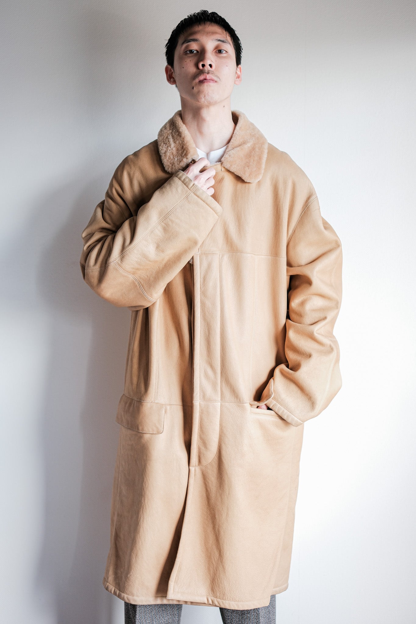［~90's］Old SERAPHIN Raglan Sleeve Mouton Leather Coat Size.52