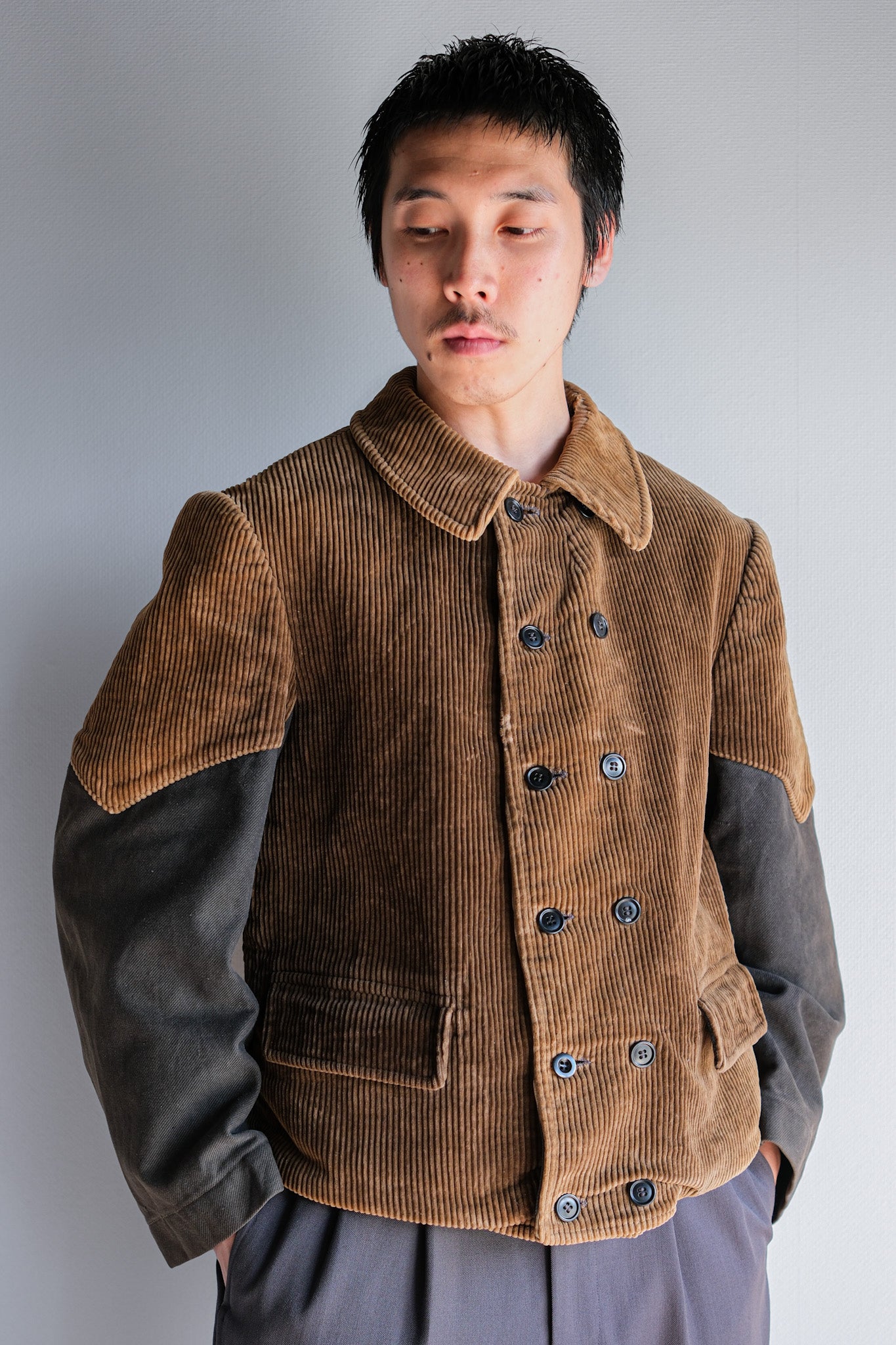 [〜50年代]比利時復古棕色燈芯絨雙胸部工作夾克