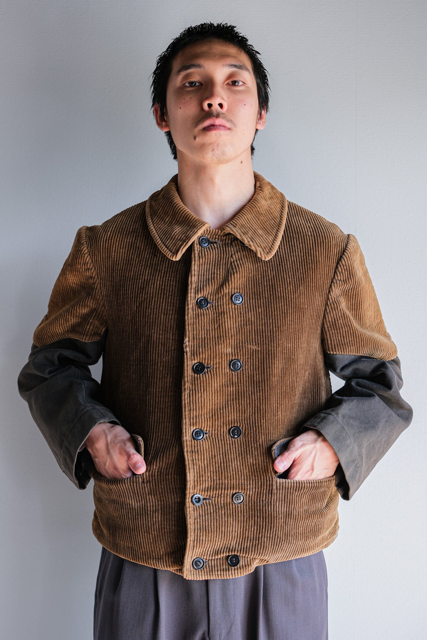 [~ 50 년대] 벨기에 빈티지 브라운 코듀로이 더블 가슴 작업 재킷