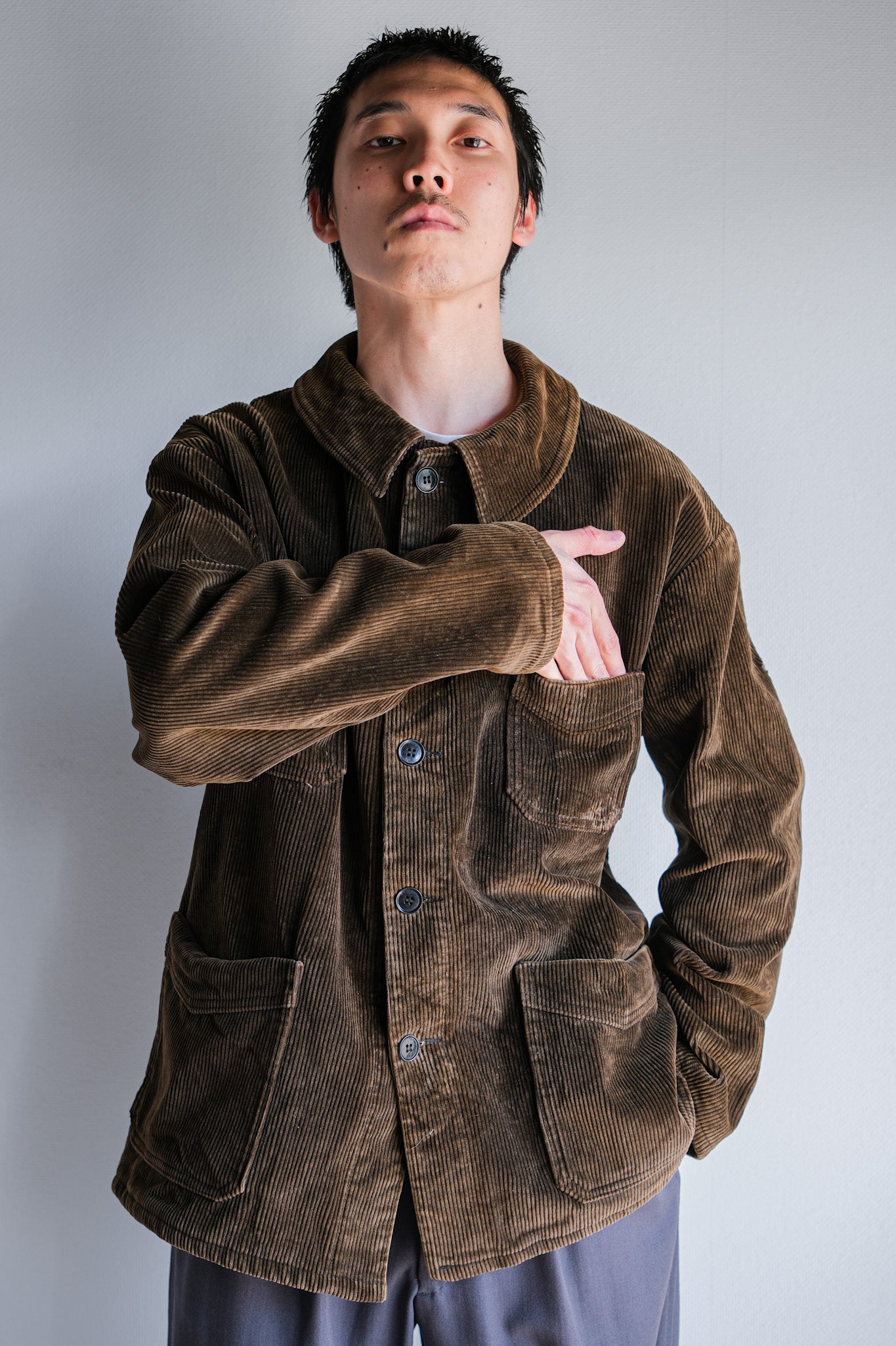 [~ 50 년대] 프랑스 빈티지 브라운 코듀로이 4 주머니 작업 재킷 크기.