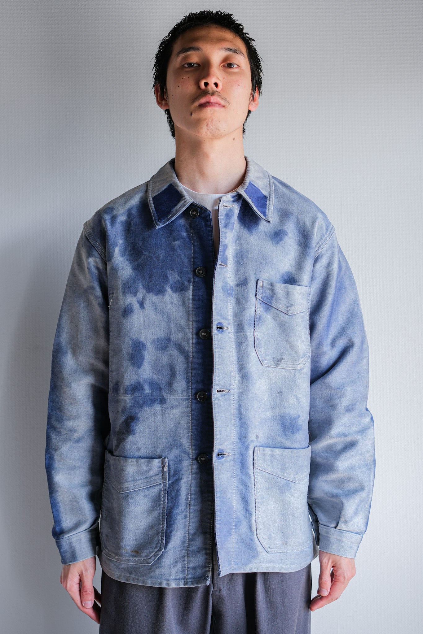 【~40's】French Vintage Blue Moleskin Work Jacket "Crazy Fade"