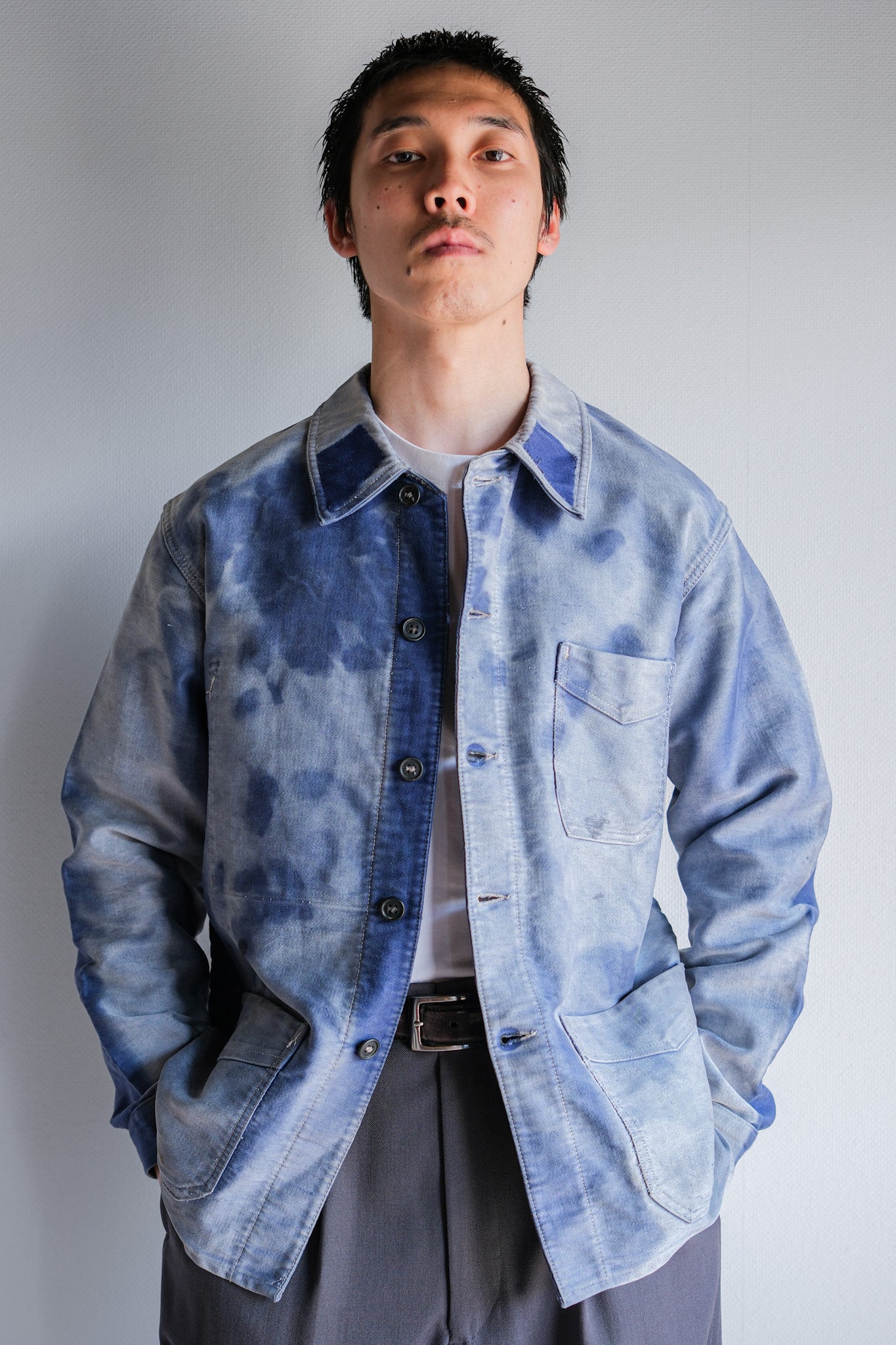 [~ 40's] French Vintage Blue Moleskin Work Jacket "Crazy Fade"