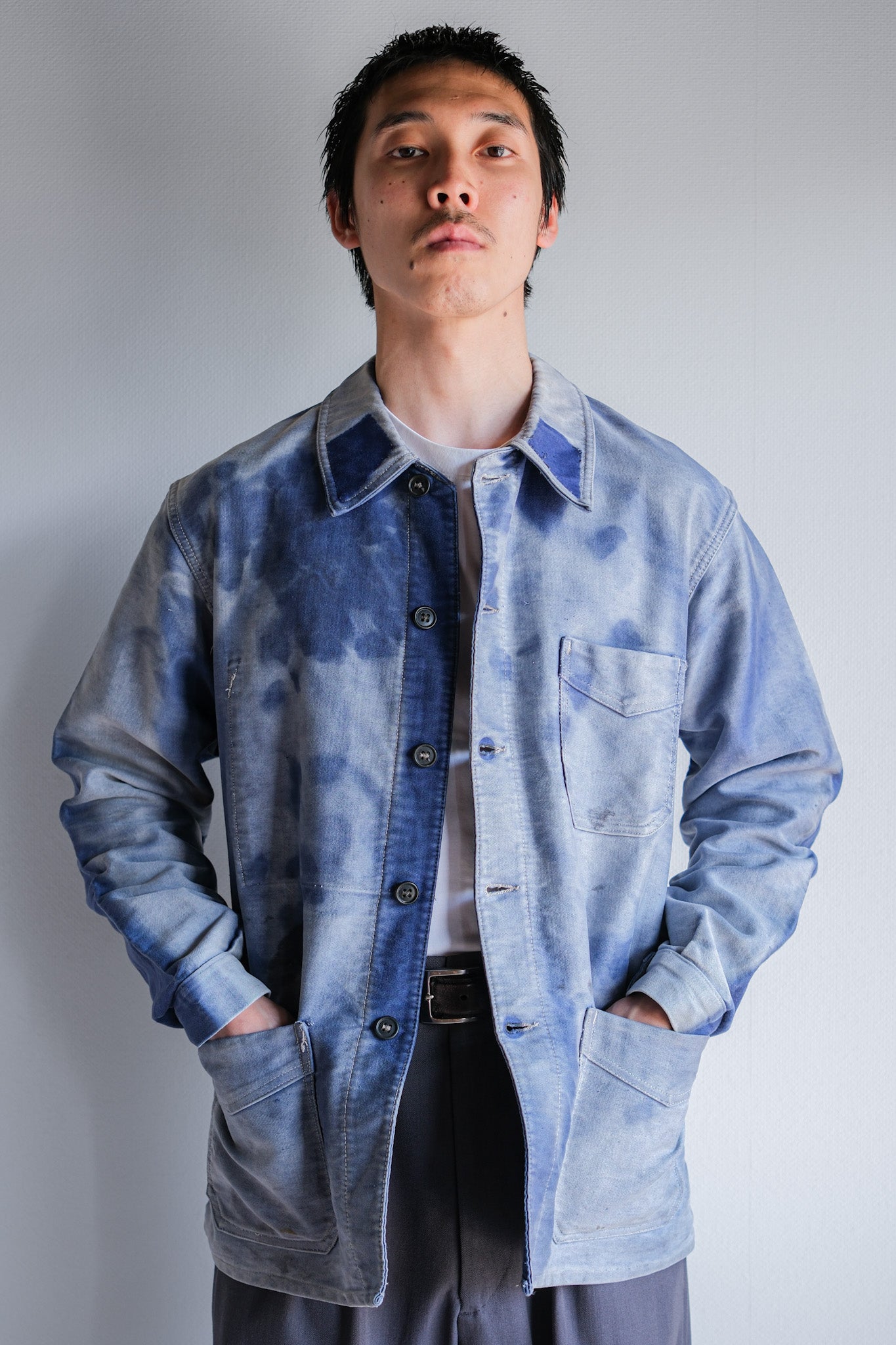 [~ 40's] Jacket de travail de moleskin bleu vintage français "Crazy Fade"