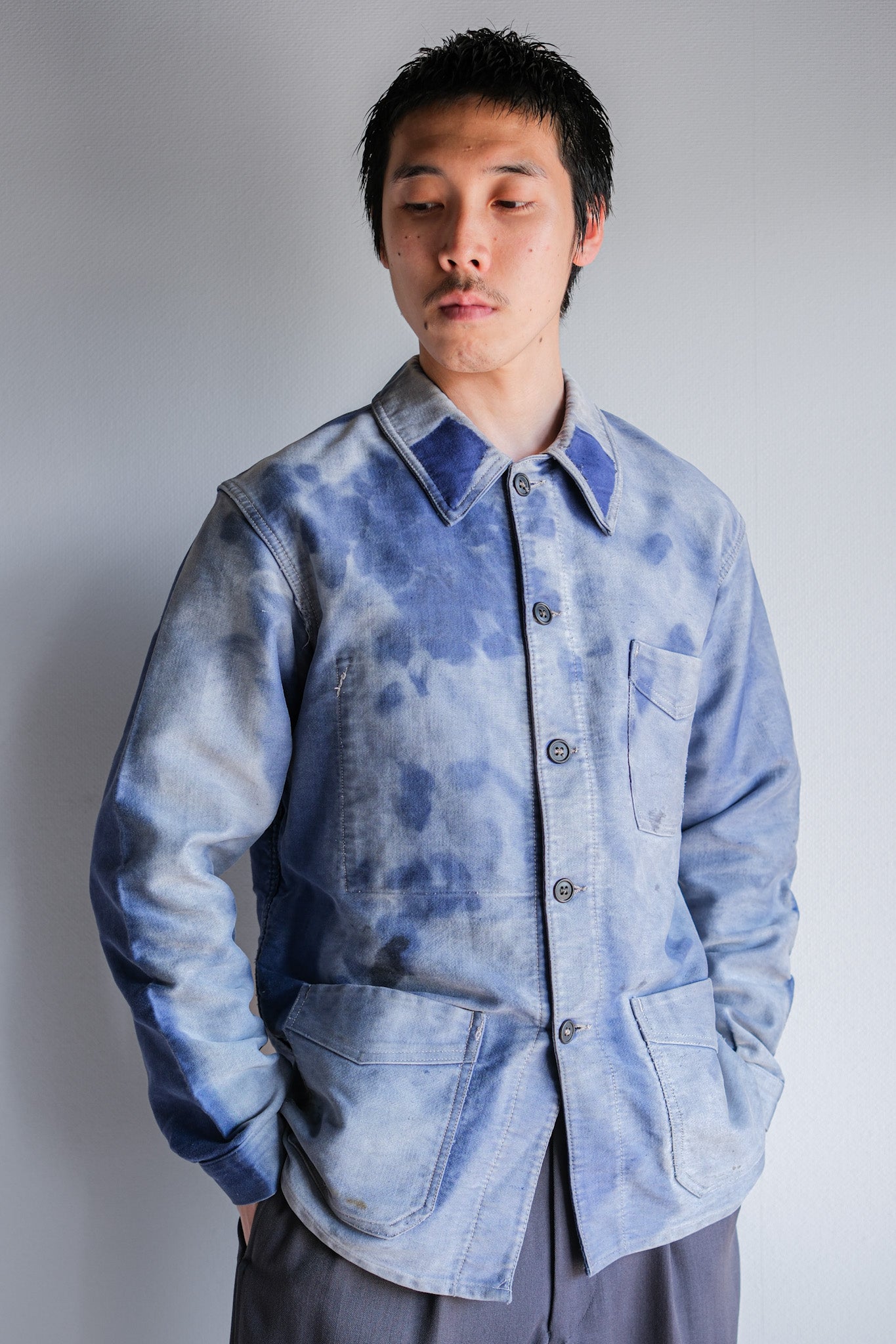 [~ 40's] French Vintage Blue Moleskin Work Jacket "Crazy Fade"