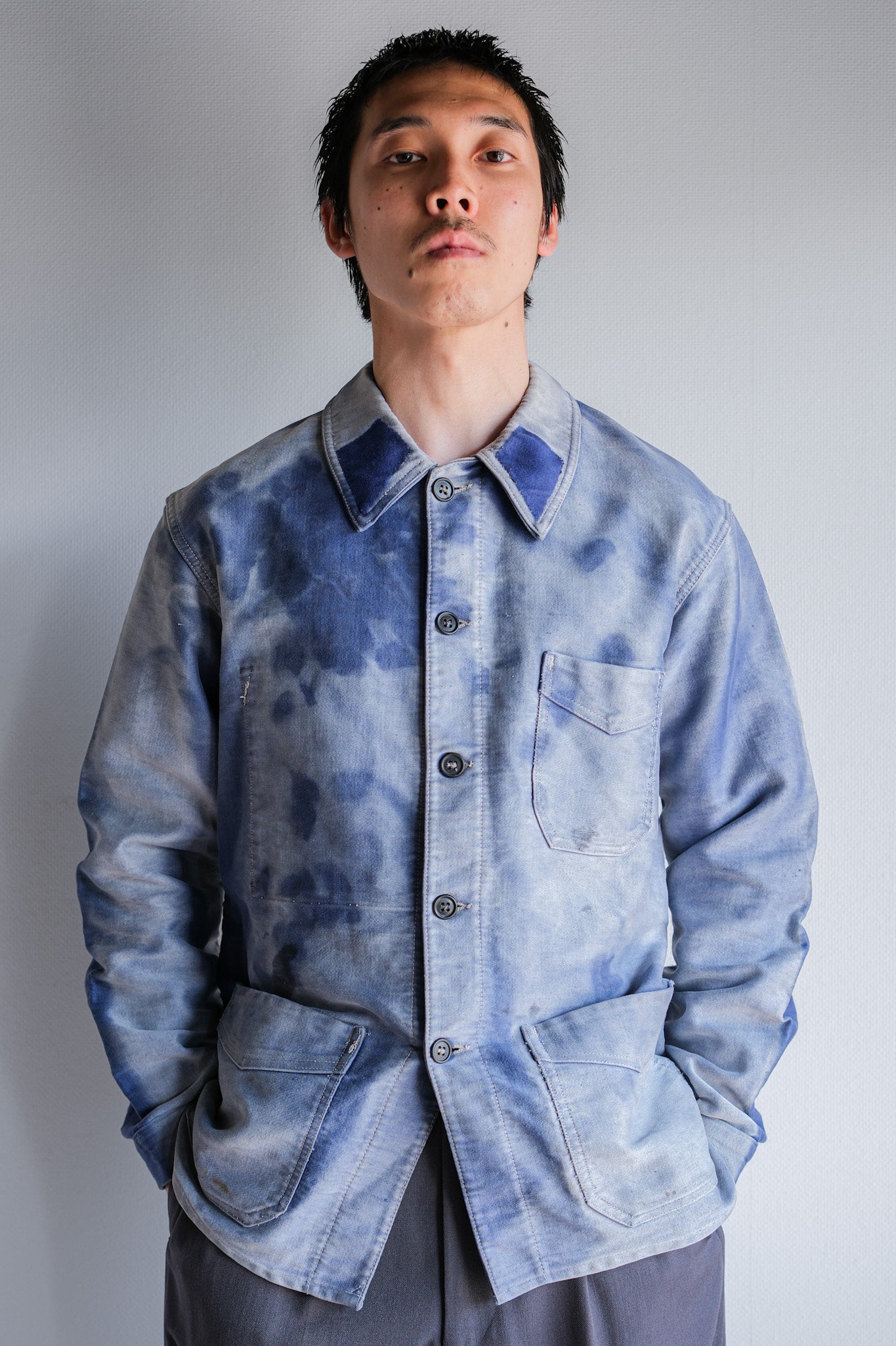 [~ 40's] French Vintage Blue Moleskin Work Jacket "Crazy Fade"