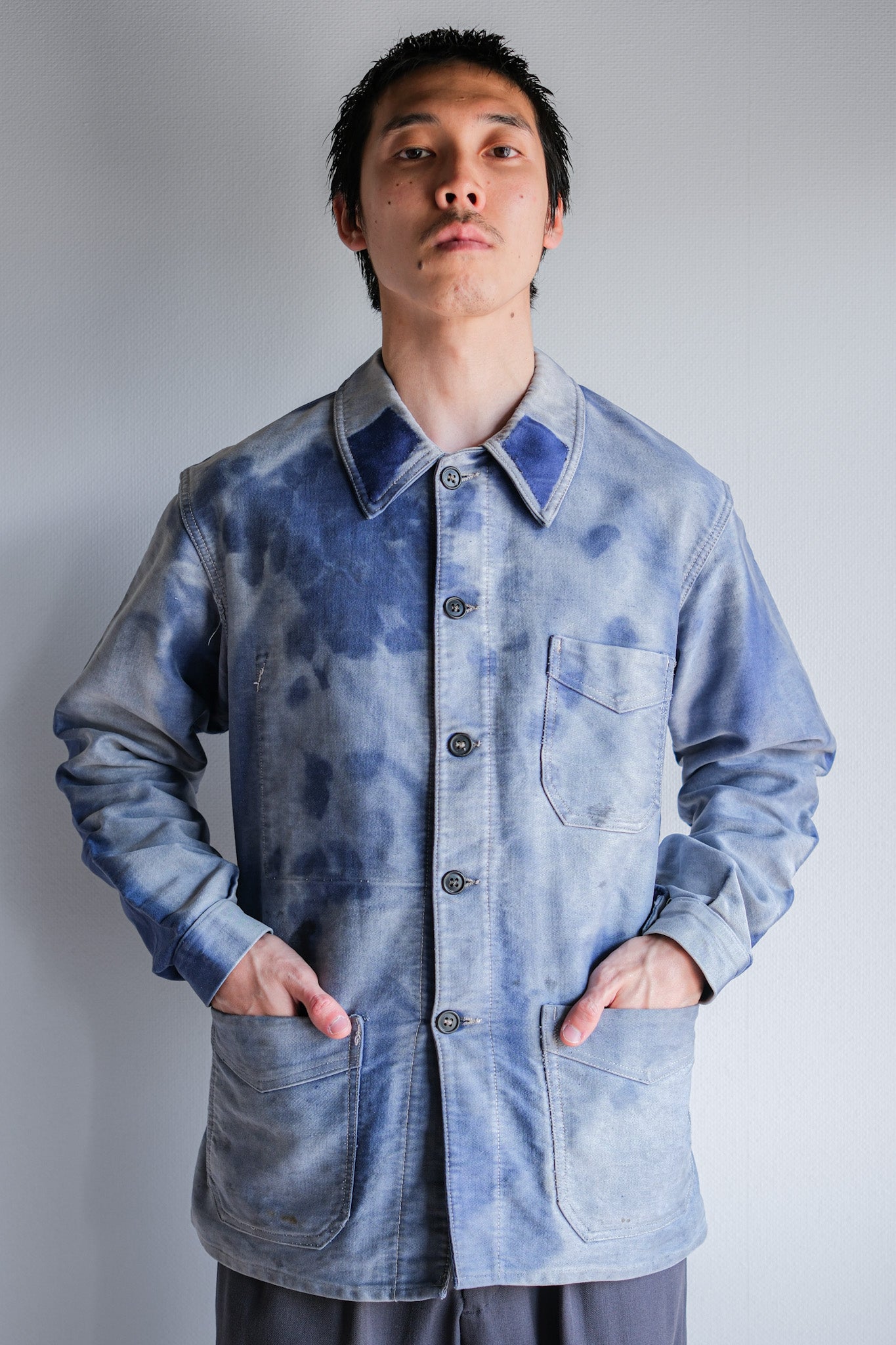 [~ 40's] French Vintage Blue Moleskin Work Jacket "Crazy Fade"