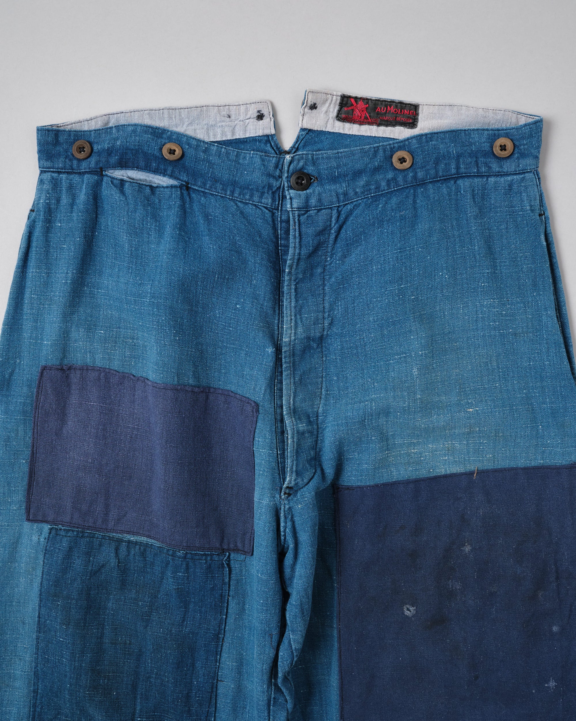 【~30's】French Vintage Indigo Hemp Linen Work Pants "Patchwork" "AU MOLINEL"