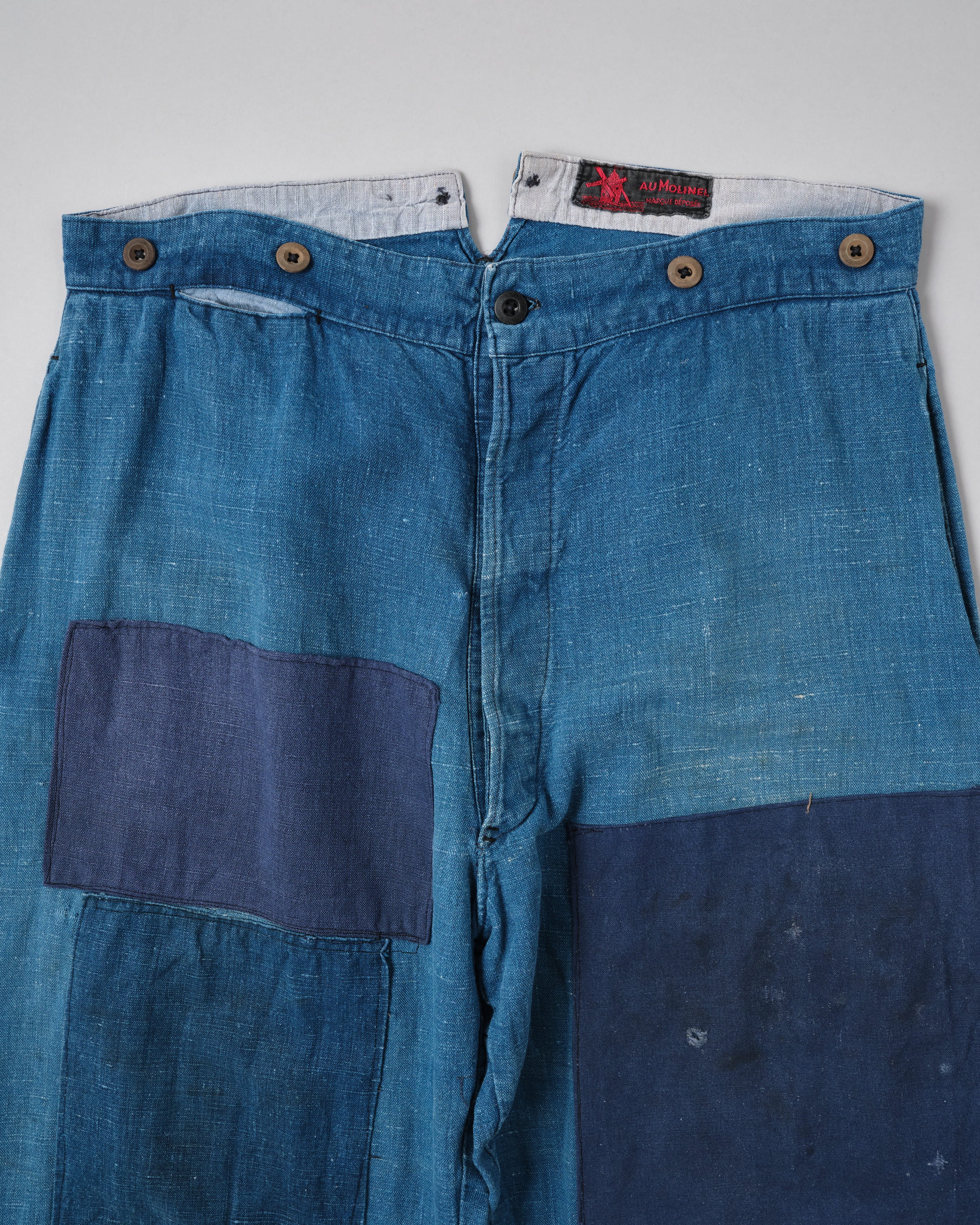 【~30's】French Vintage Indigo Hemp Linen Work Pants "Patchwork" "AU MOLINEL"