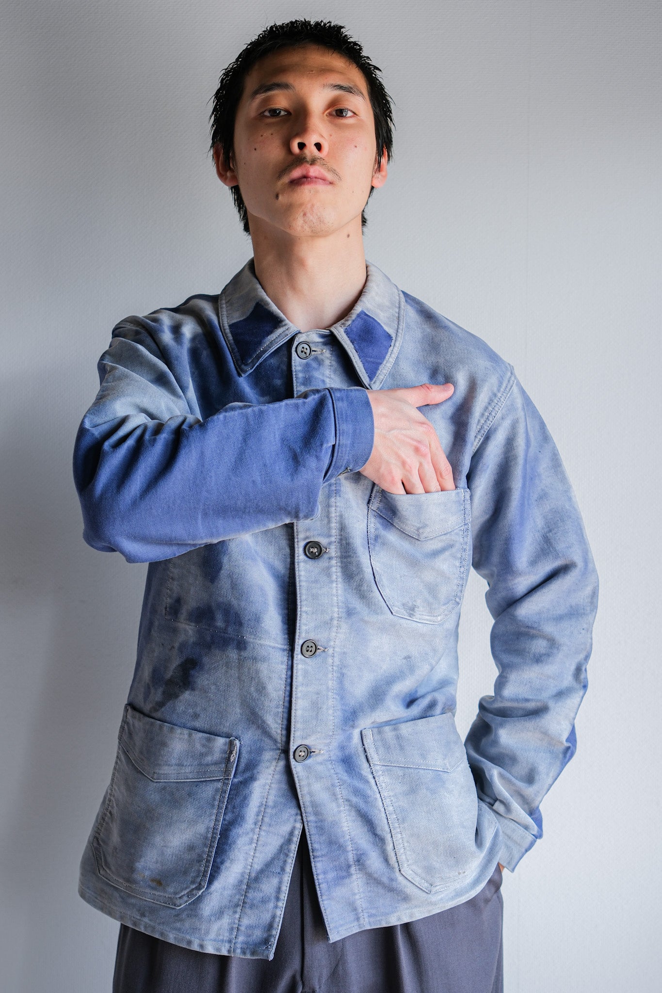 【~40's】French Vintage Blue Moleskin Work Jacket "Crazy Fade"