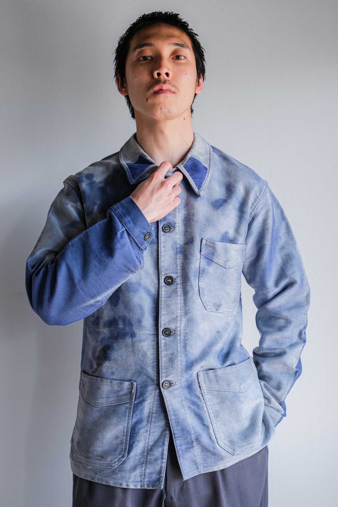 【~40's】French Vintage Blue Moleskin Work Jacket "Crazy Fade"