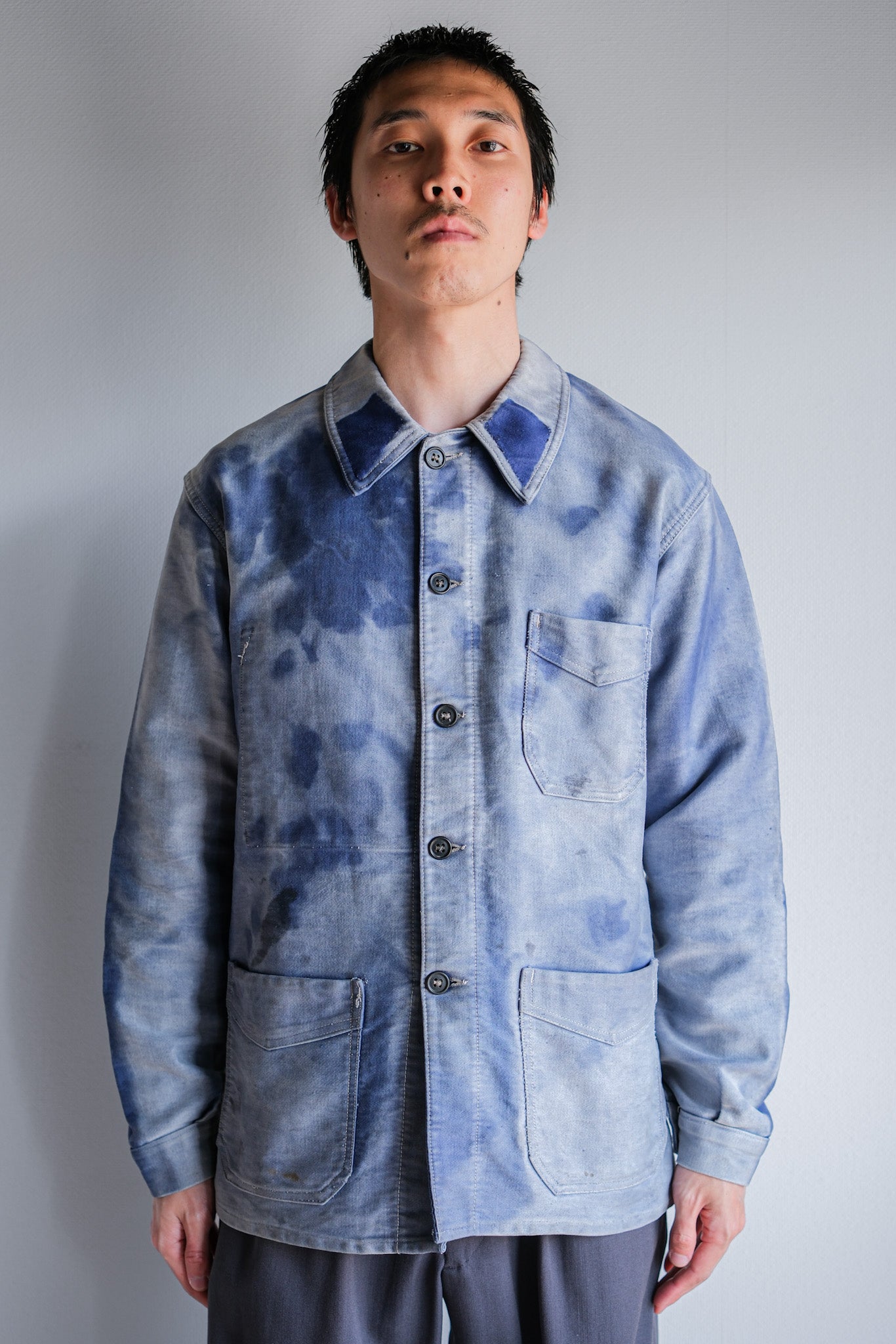 [~ 40's] French Vintage Blue Moleskin Work Jacket "Crazy Fade"